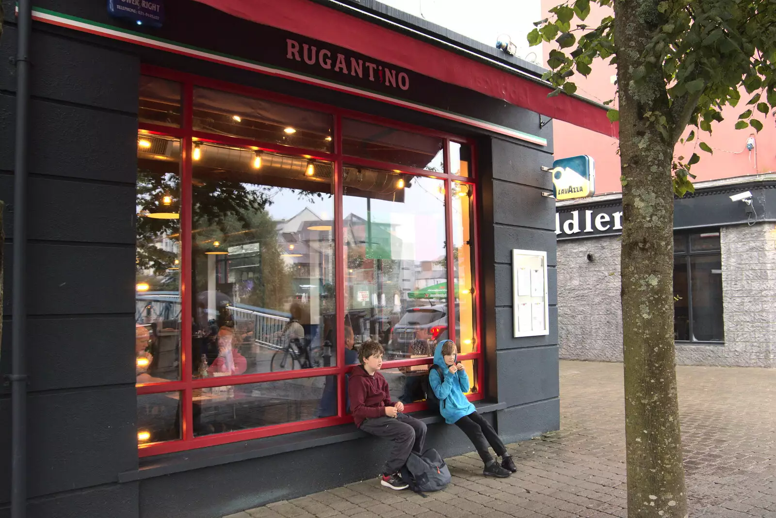 The boys wait for pizza outside Rugantino, from Pints of Guinness and Streedagh Beach, Grange and Sligo, Ireland - 9th August 2021