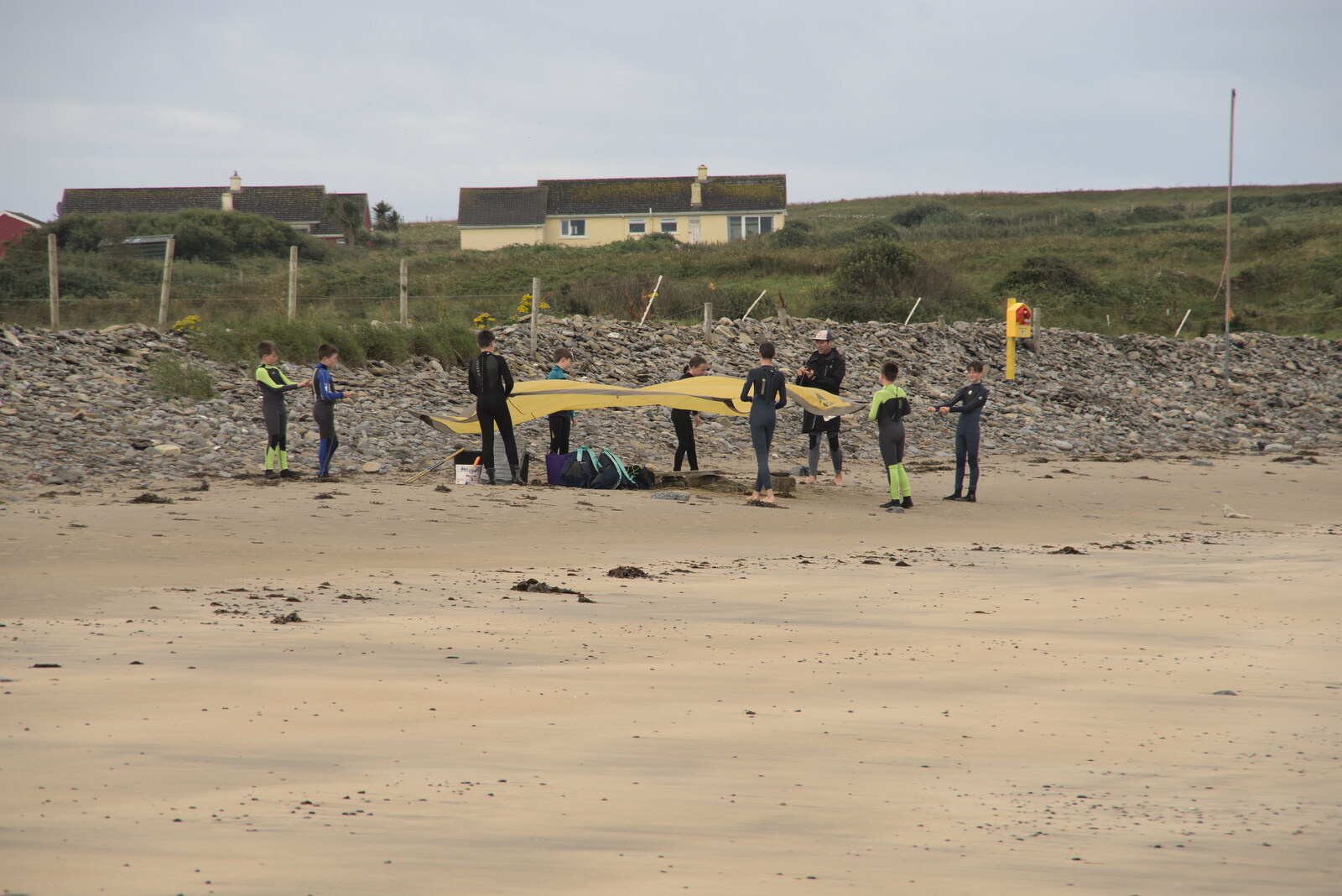 Pints of Guinness and Streedagh Beach, Grange and Sligo, Ireland - 9th August 2021: A surf school sets up for the afternoon
