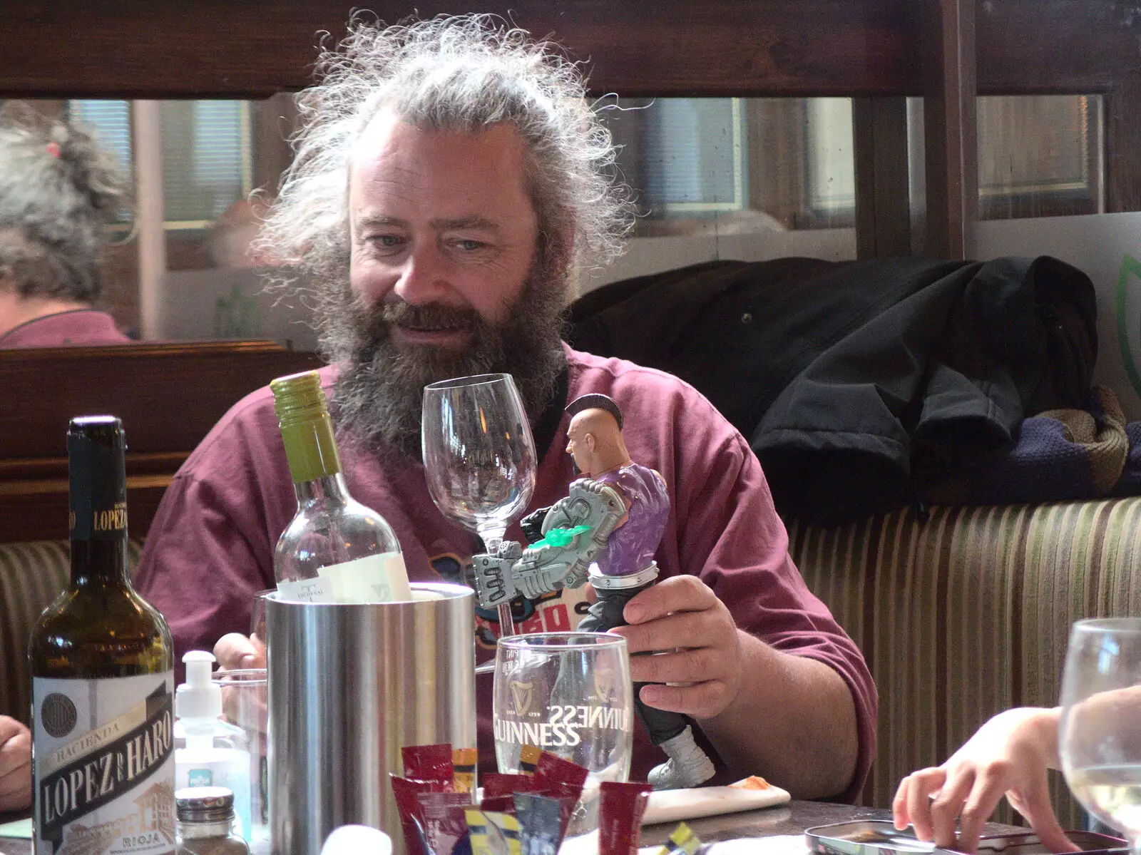 Harry's action figure holds a wine glass, from Walks Around Benbulben and Carrowmore, County Sligo, Ireland - 13th August 2021