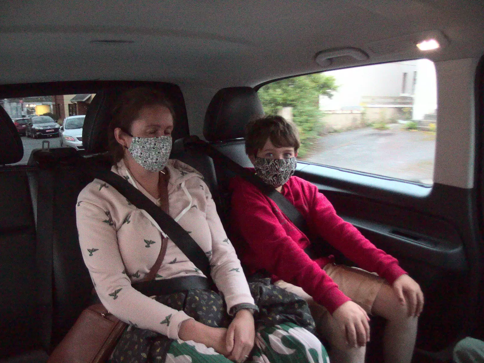 Isobel and Fred in the taxi back to our digs, from Walks Around Benbulben and Carrowmore, County Sligo, Ireland - 13th August 2021