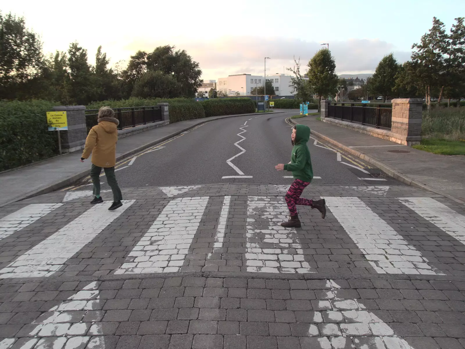 Fred and Harry do an Abbey Road in IT Sligo, from Walks Around Benbulben and Carrowmore, County Sligo, Ireland - 13th August 2021