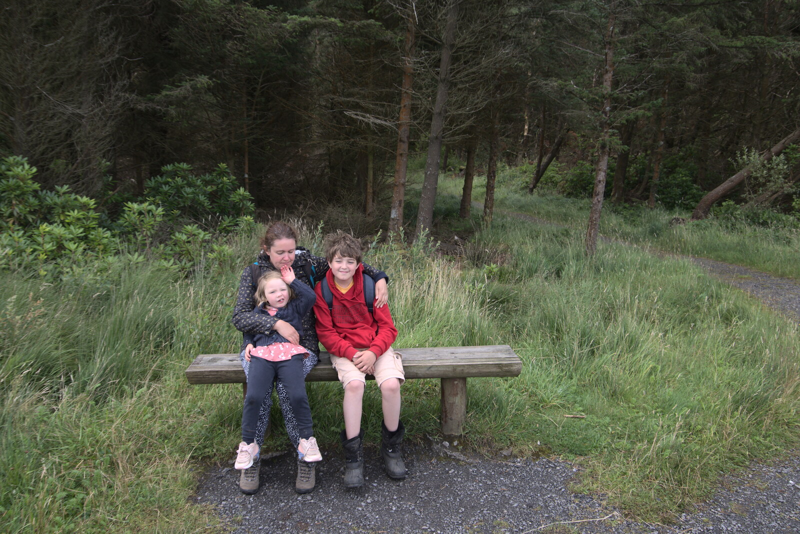 Rachel, Isobel and Fred on a bench from Walks Around Benbulben and Carrowmore, County Sligo, Ireland - 13th August 2021