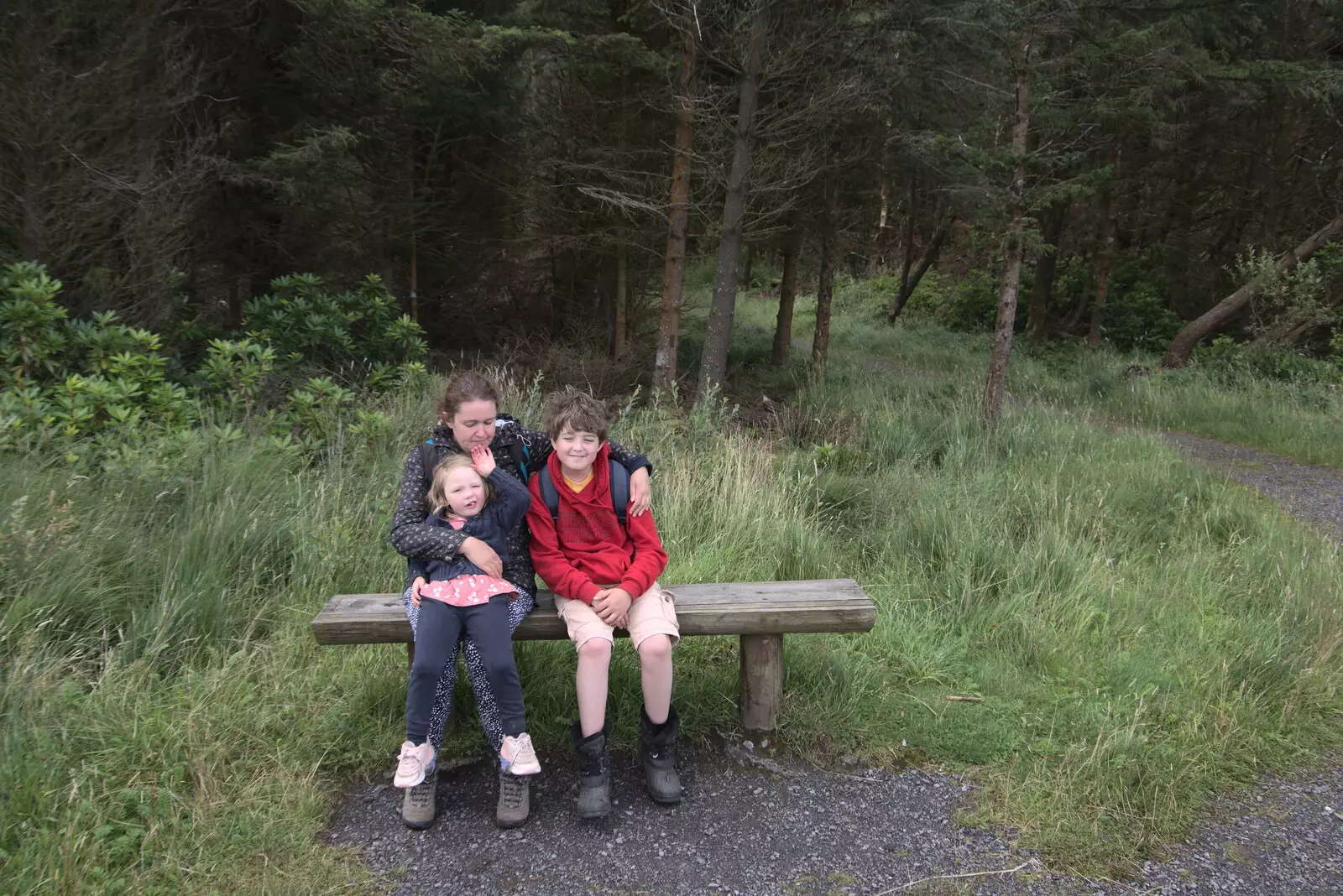 Rachel, Isobel and Fred on a bench, from Walks Around Benbulben and Carrowmore, County Sligo, Ireland - 13th August 2021