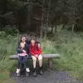 Rachel, Isobel and Fred on a bench, Walks Around Benbulben and Carrowmore, County Sligo, Ireland - 13th August 2021