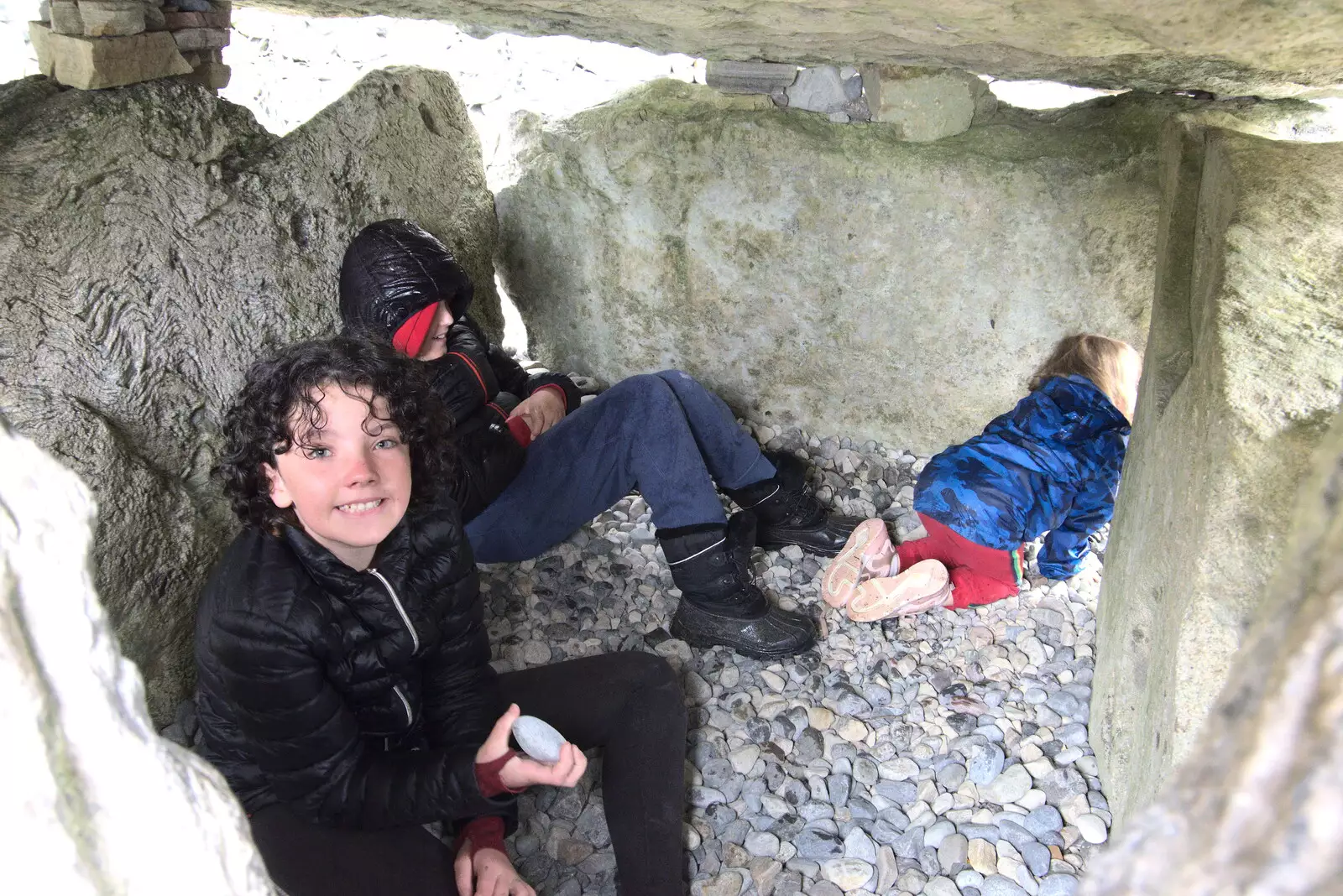 Fern, Fred and Rachel in the passage grave, from Walks Around Benbulben and Carrowmore, County Sligo, Ireland - 13th August 2021