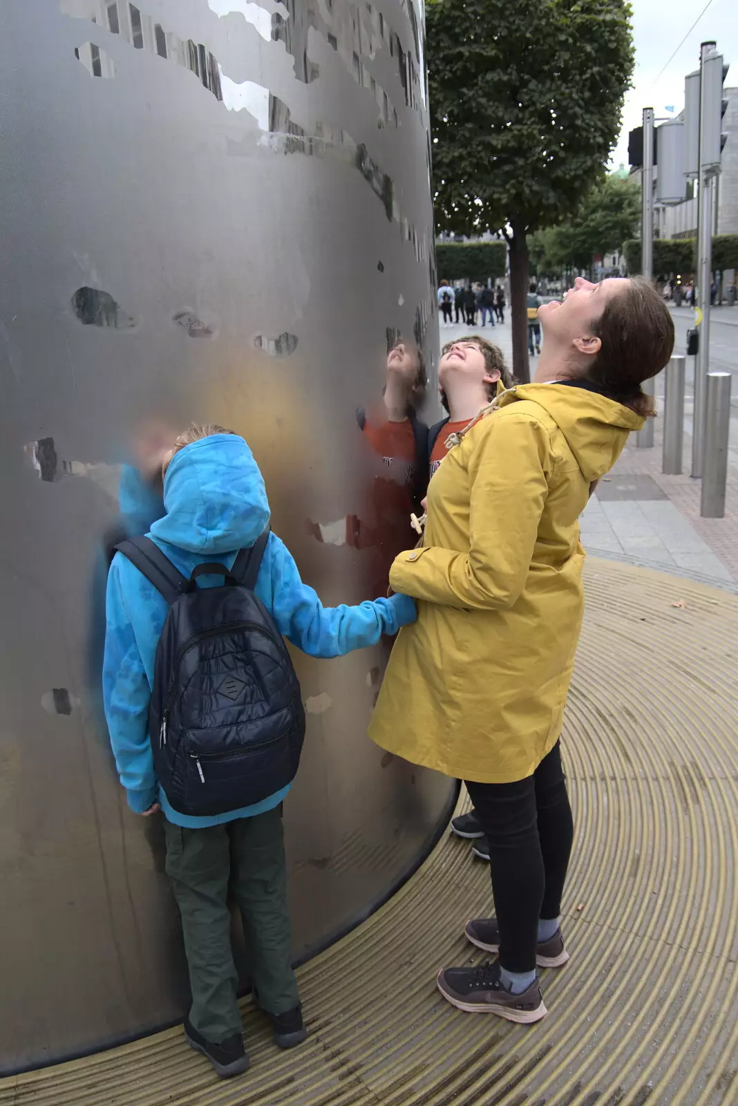 The gang look up at the massive steel point, from A Trip to Noddy's, and Dublin City Centre, Wicklow and Dublin, Ireland - 16th August 2021