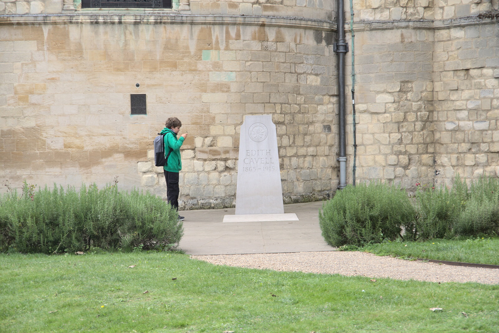 Fred gets a photo of Edith Cavell's grave from Dippy and the City Dinosaur Trail, Norwich, Norfolk - 19th August 2021