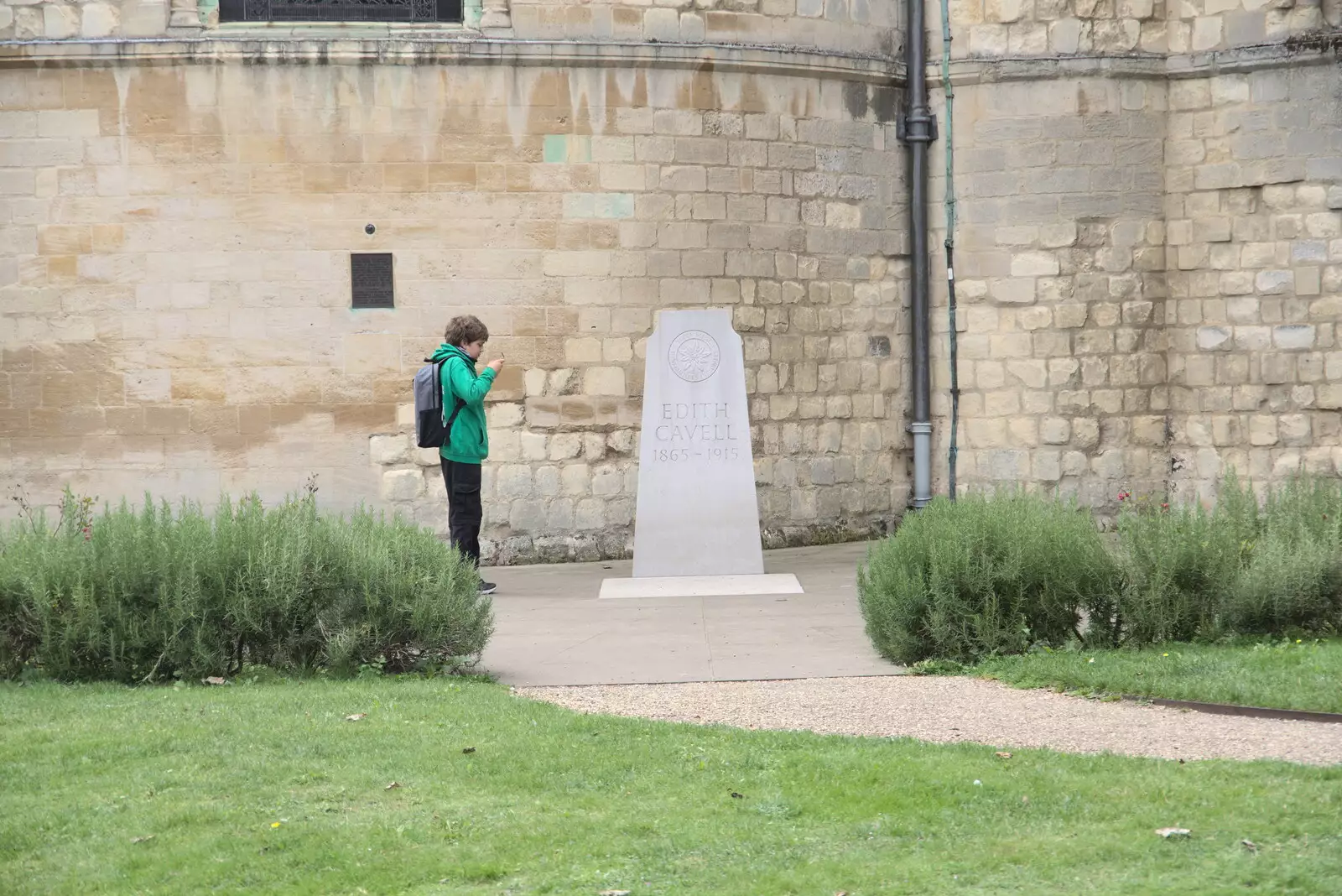 Fred gets a photo of Edith Cavell's grave, from Dippy and the City Dinosaur Trail, Norwich, Norfolk - 19th August 2021