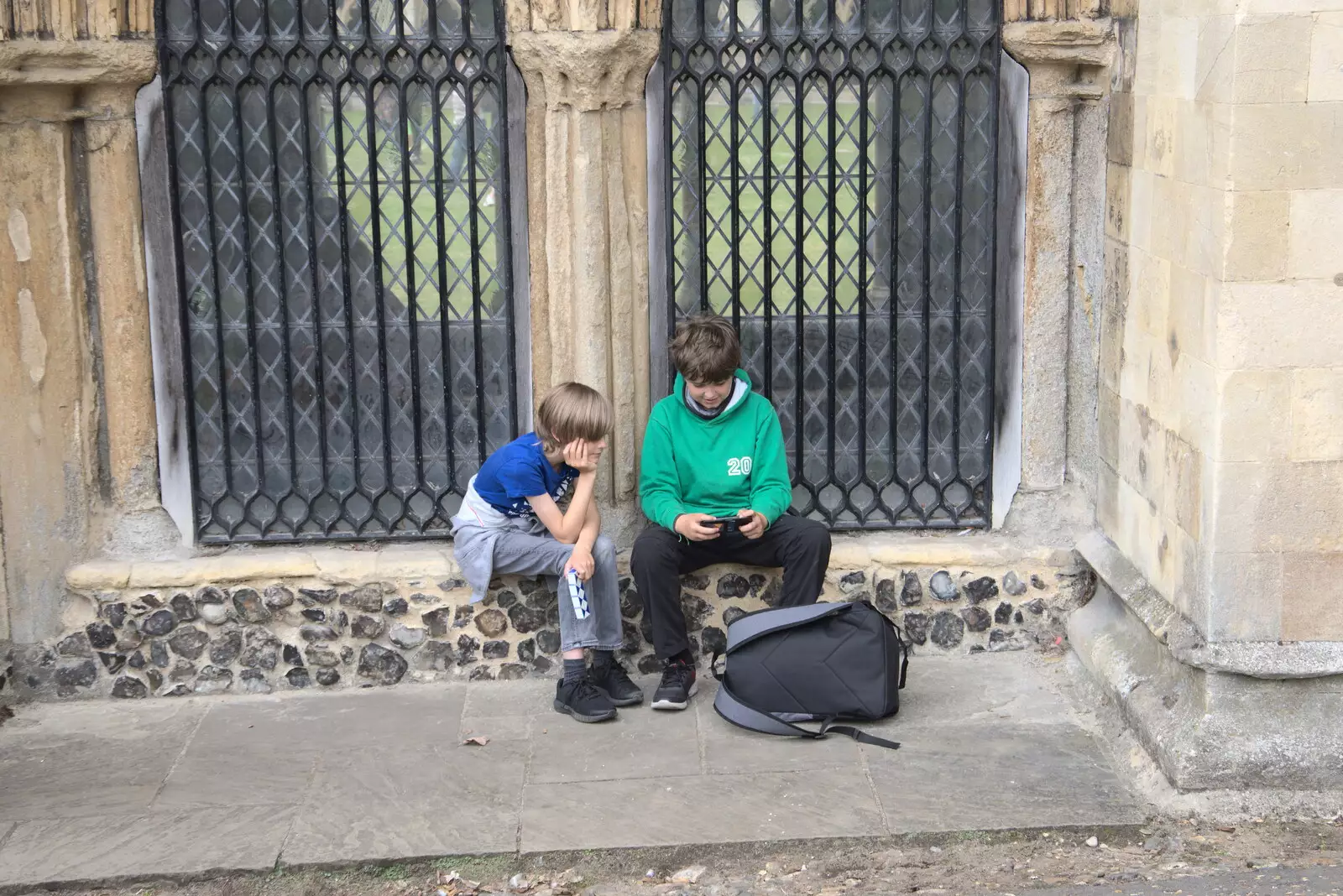 The boys move position the the cloisters, from Dippy and the City Dinosaur Trail, Norwich, Norfolk - 19th August 2021