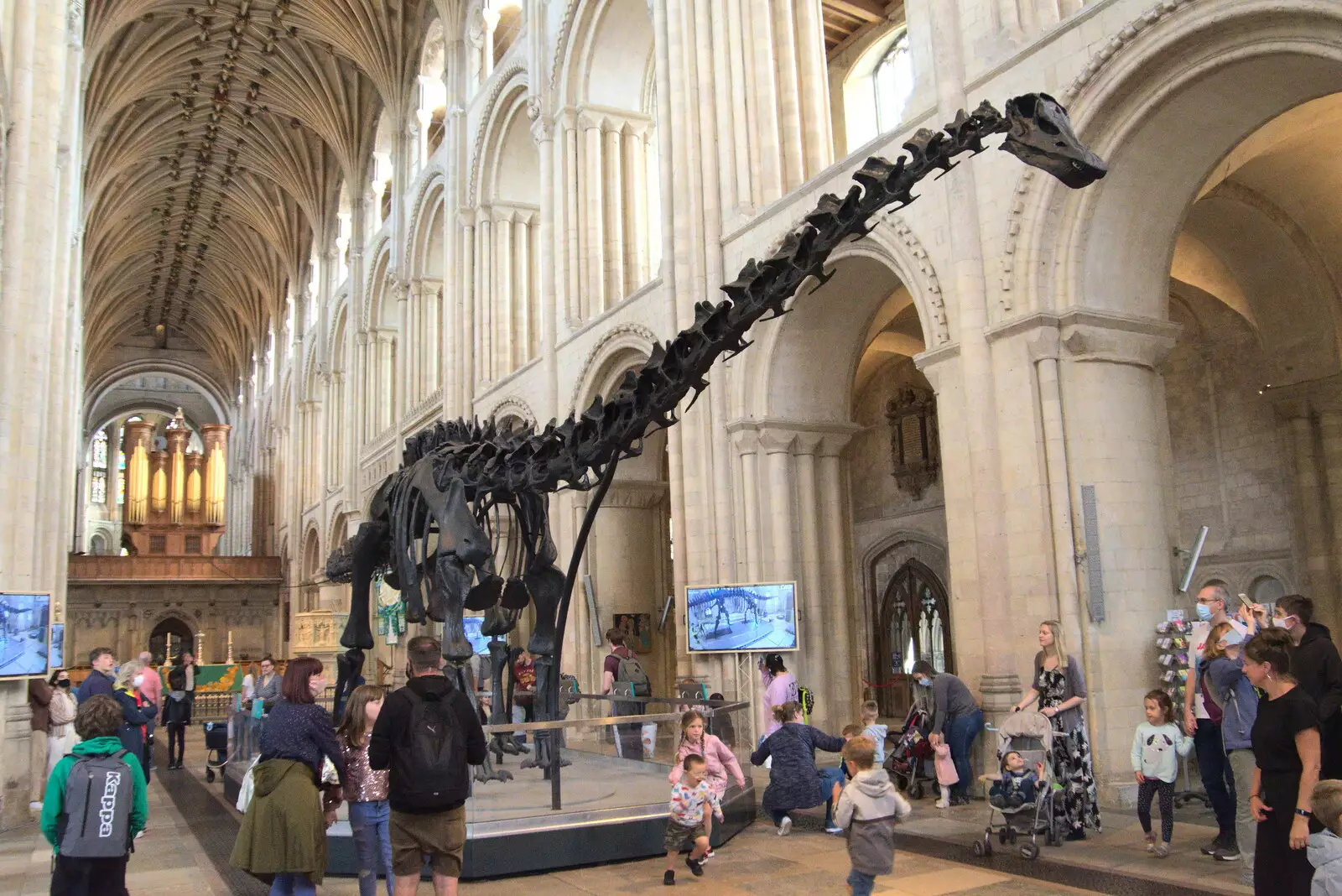 Dippy looms over the crowds, from Dippy and the City Dinosaur Trail, Norwich, Norfolk - 19th August 2021