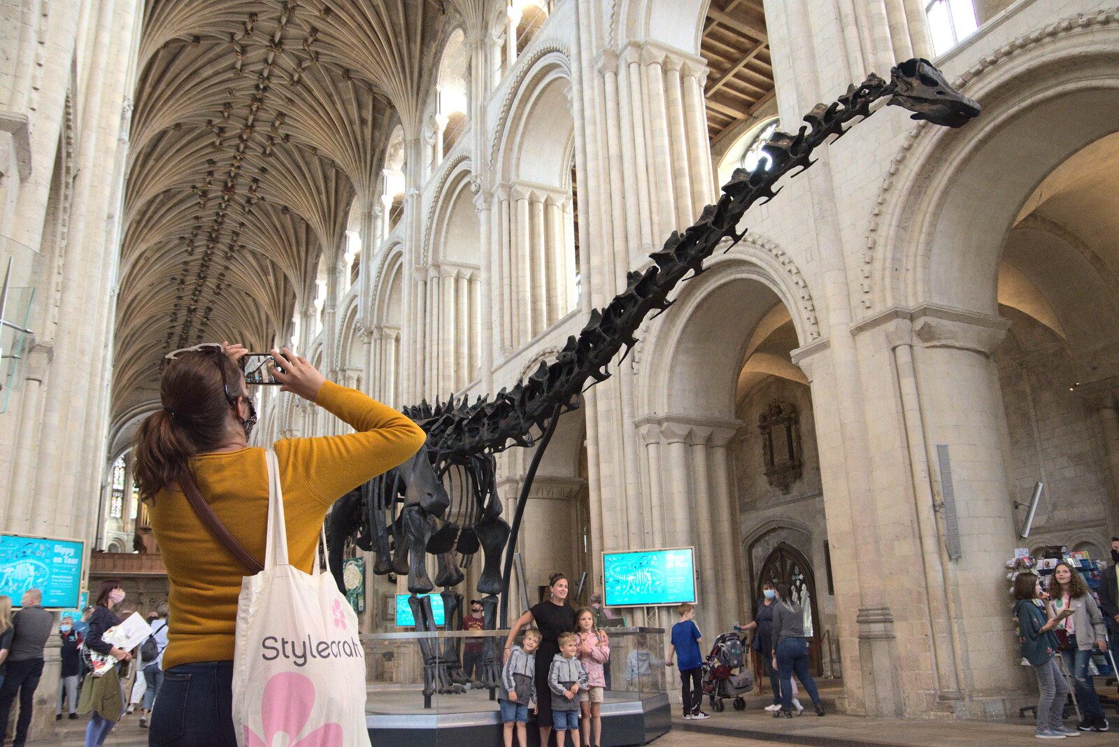 Isobel gets a photo from Dippy and the City Dinosaur Trail, Norwich, Norfolk - 19th August 2021
