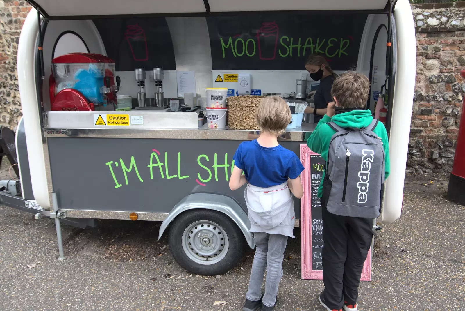 The boys queue for a slushie, from Dippy and the City Dinosaur Trail, Norwich, Norfolk - 19th August 2021