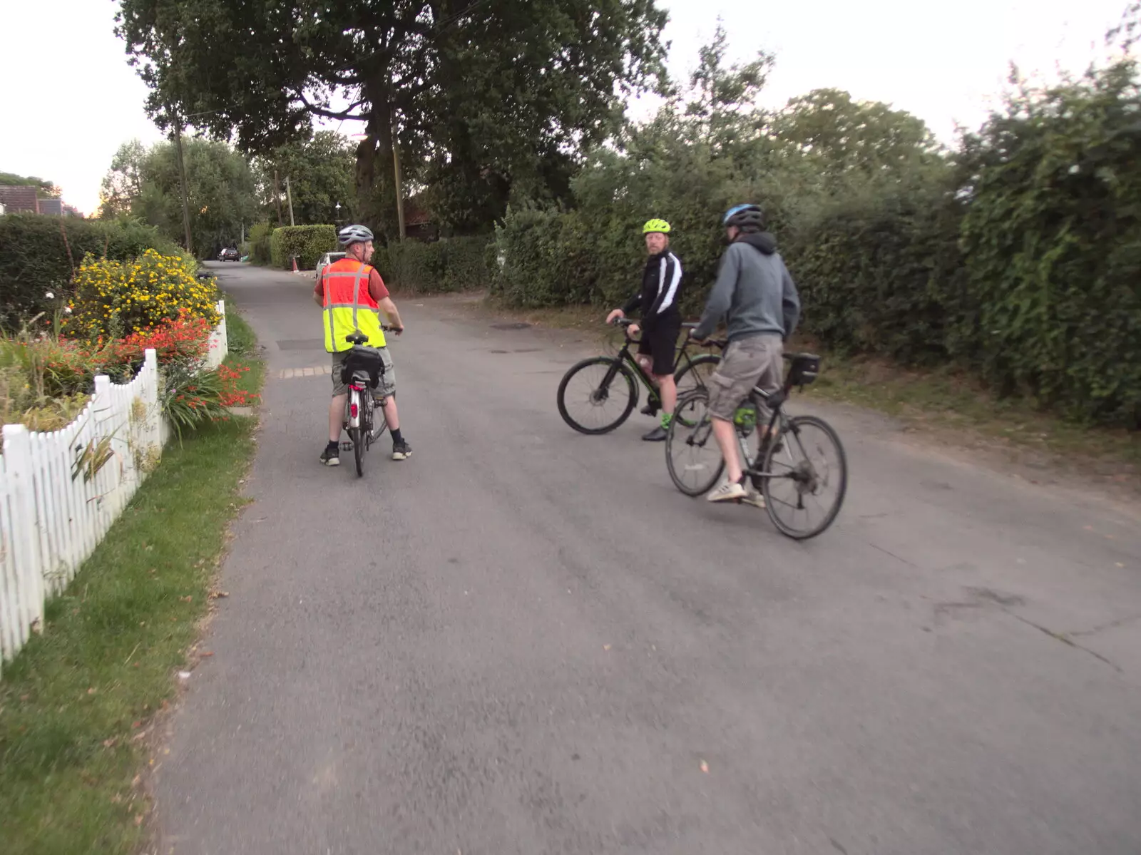 The boys head out on the old Burston road, from The BSCC at The Crown, Dickleburgh, Norfolk - 19th August 2021