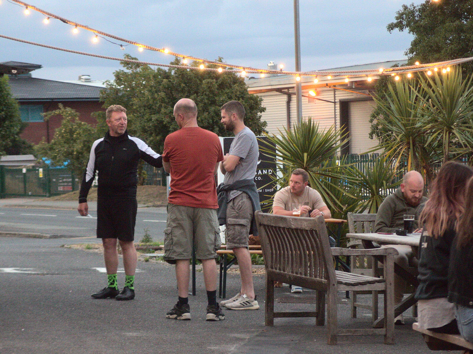 The lads chat in the 'beer garden' from The BSCC at The Crown, Dickleburgh, Norfolk - 19th August 2021