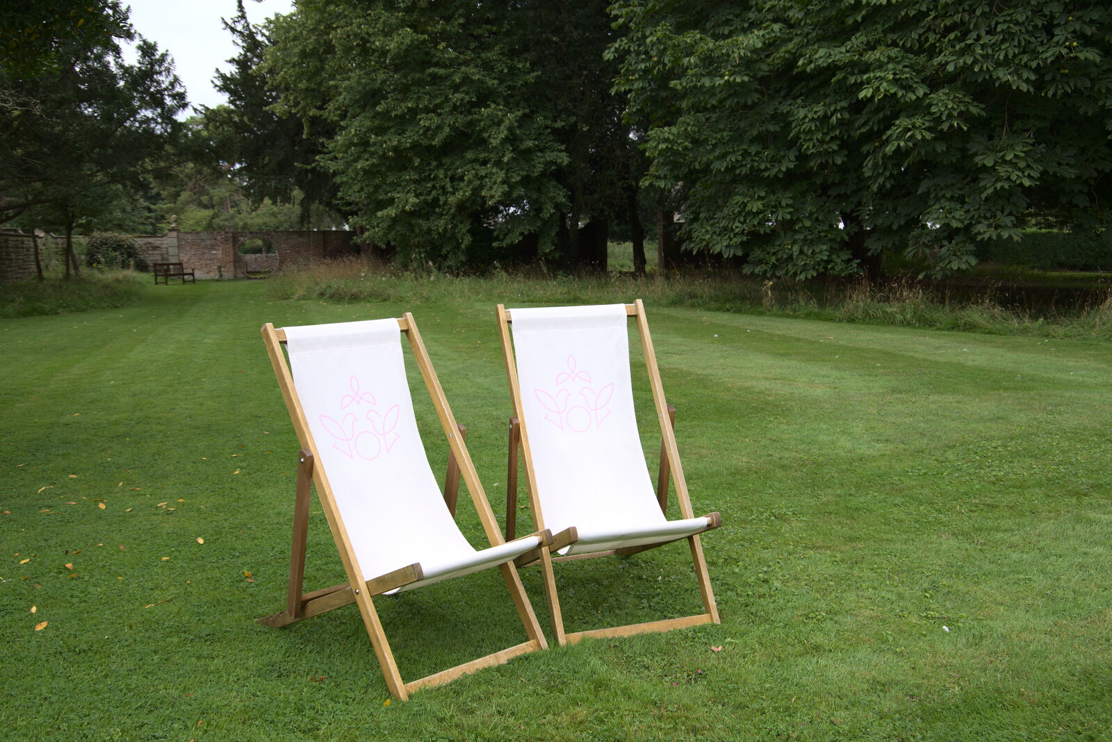 A pair of deck chairs on the lawn from Petay's Wedding Reception, Fanhams Hall, Ware, Hertfordshire - 20th August 2021
