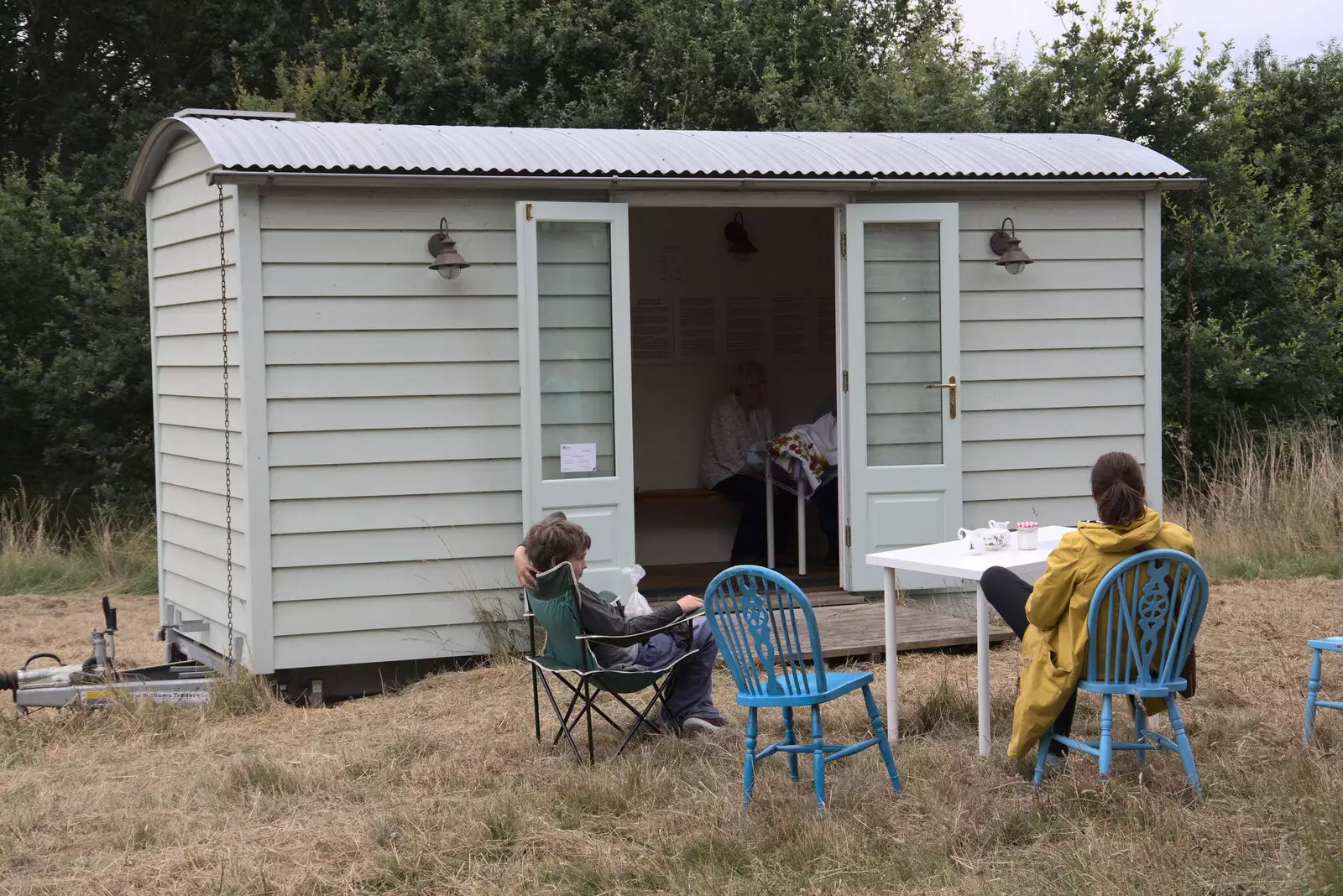 Isobel outside the shepherd hut, from An Open Day at the Windmill, Billingford, Norfolk - 21st August 2021