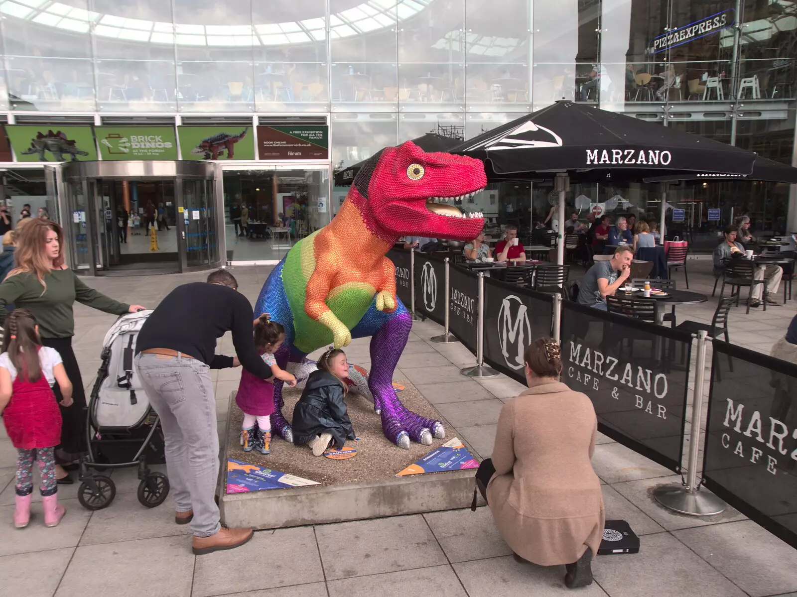 A rainbow dinosaur outside The Forum, from Head Out Not Home: A Music Day, Norwich, Norfolk - 22nd August 2021