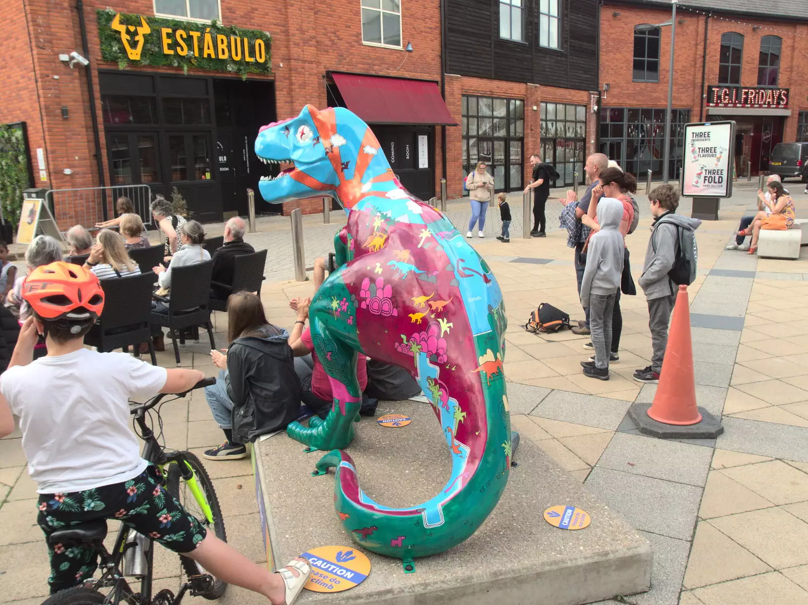 The boys hang out near the Riverside dinosaur, from Head Out Not Home: A Music Day, Norwich, Norfolk - 22nd August 2021