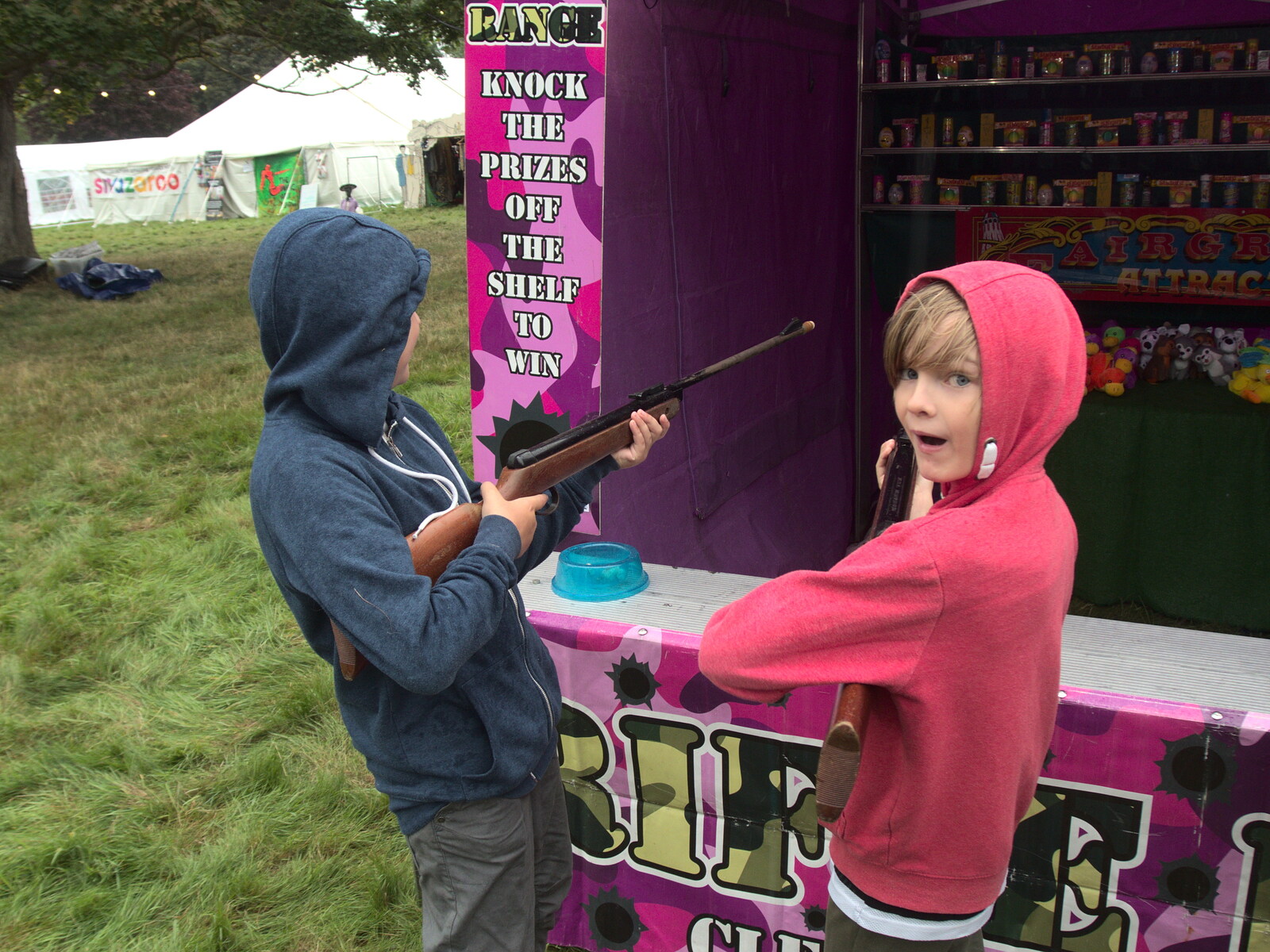 Fred and Harry are on the rifle range from Maui Waui Festival, Hill Farm, Gressenhall, Norfolk - 28th August 2021
