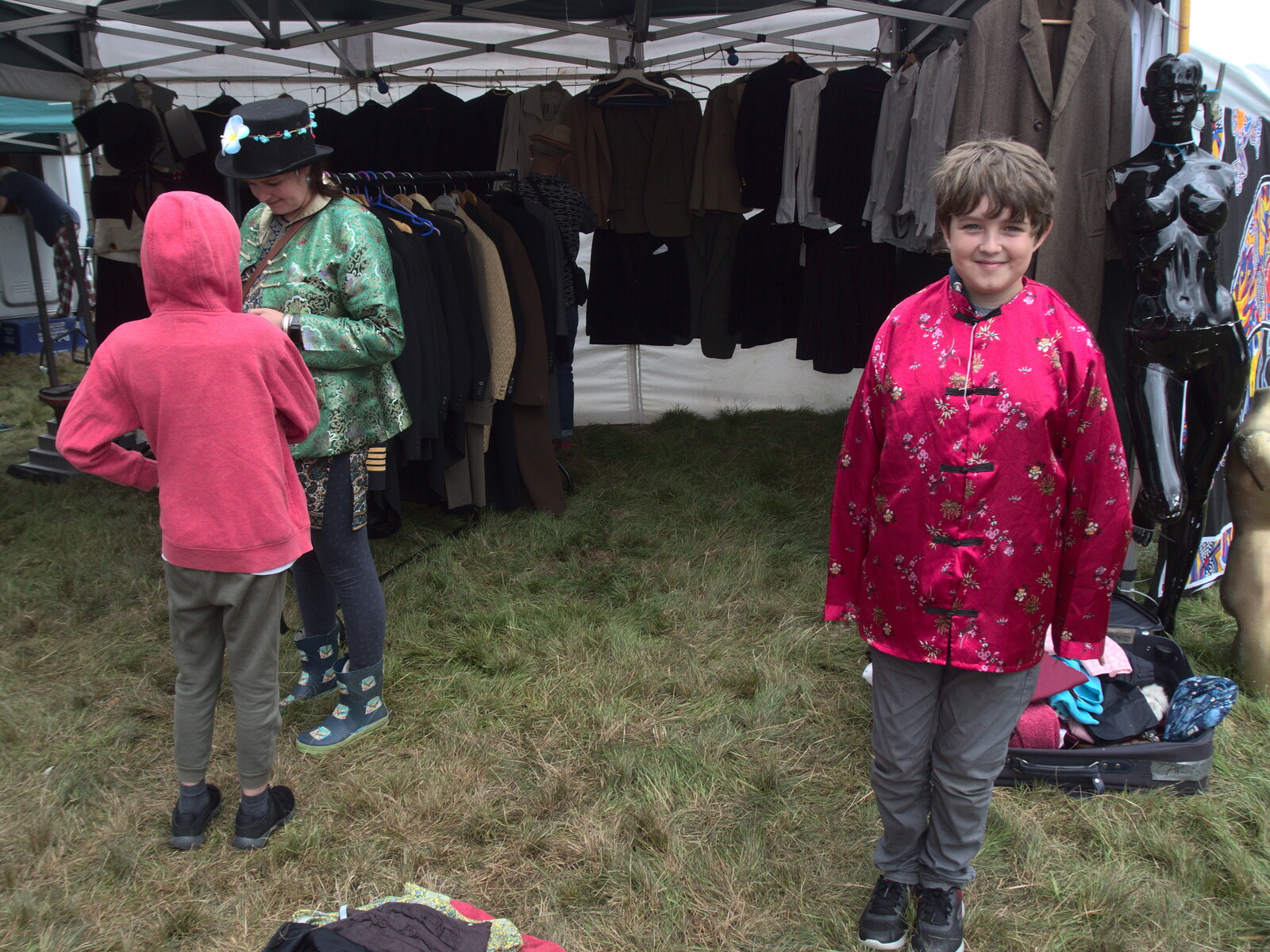 Fred tries on a Chinese shirt from Maui Waui Festival, Hill Farm, Gressenhall, Norfolk - 28th August 2021