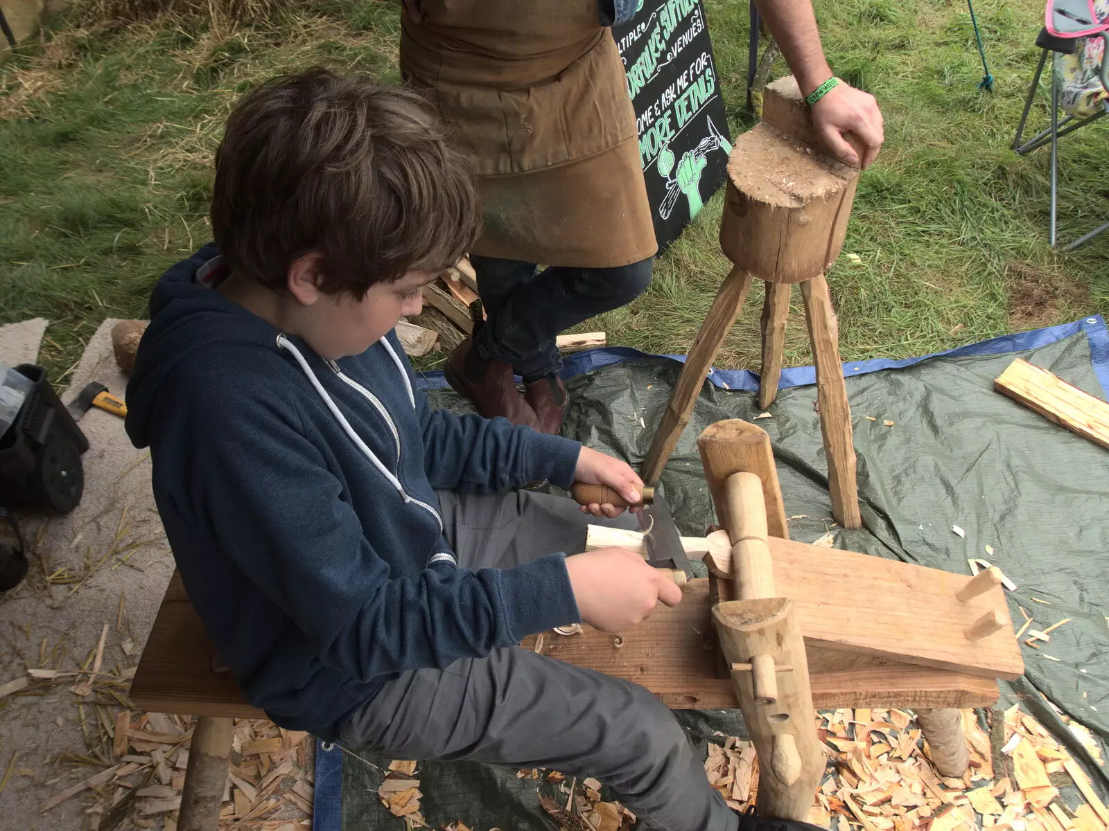 Fred uses a draw knife to shave down a handle, from Maui Waui Festival, Hill Farm, Gressenhall, Norfolk - 28th August 2021