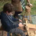 Fred uses a draw knife to shave down a handle, Maui Waui Festival, Hill Farm, Gressenhall, Norfolk - 28th August 2021