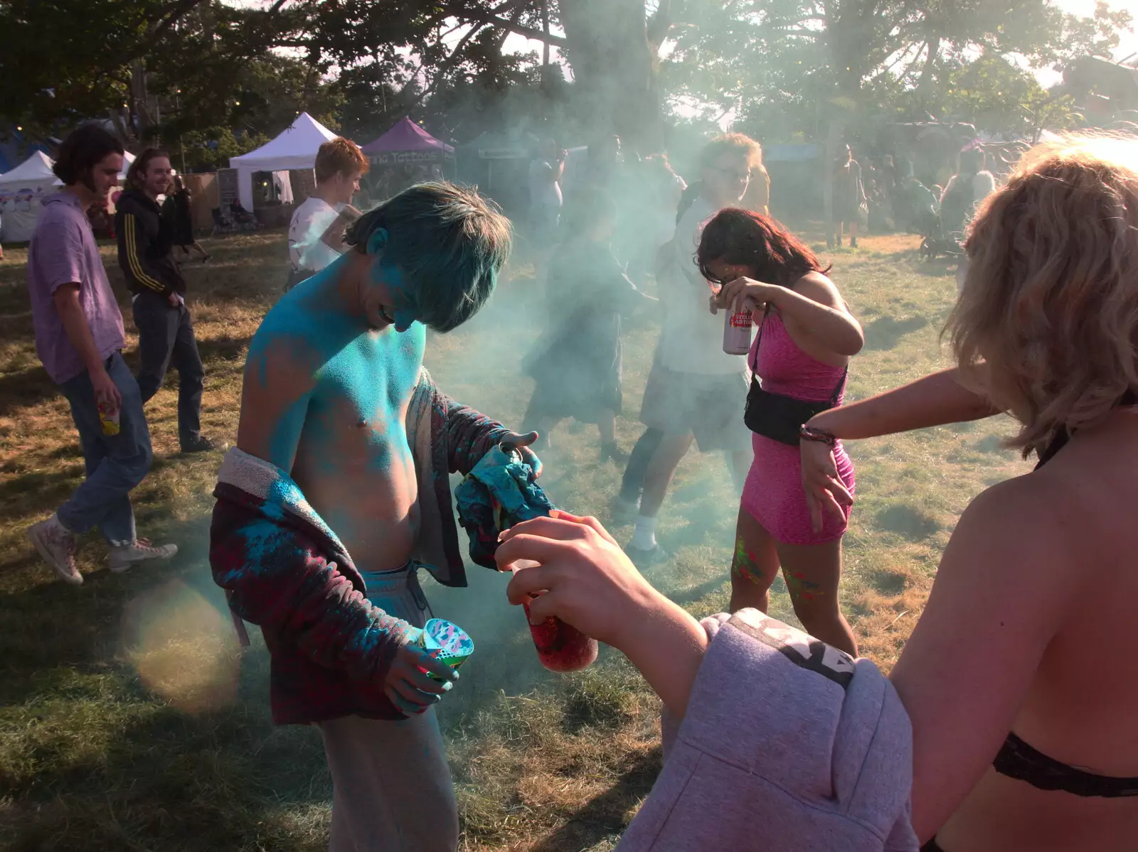 A paint fight breaks out, from Maui Waui Festival, Hill Farm, Gressenhall, Norfolk - 28th August 2021