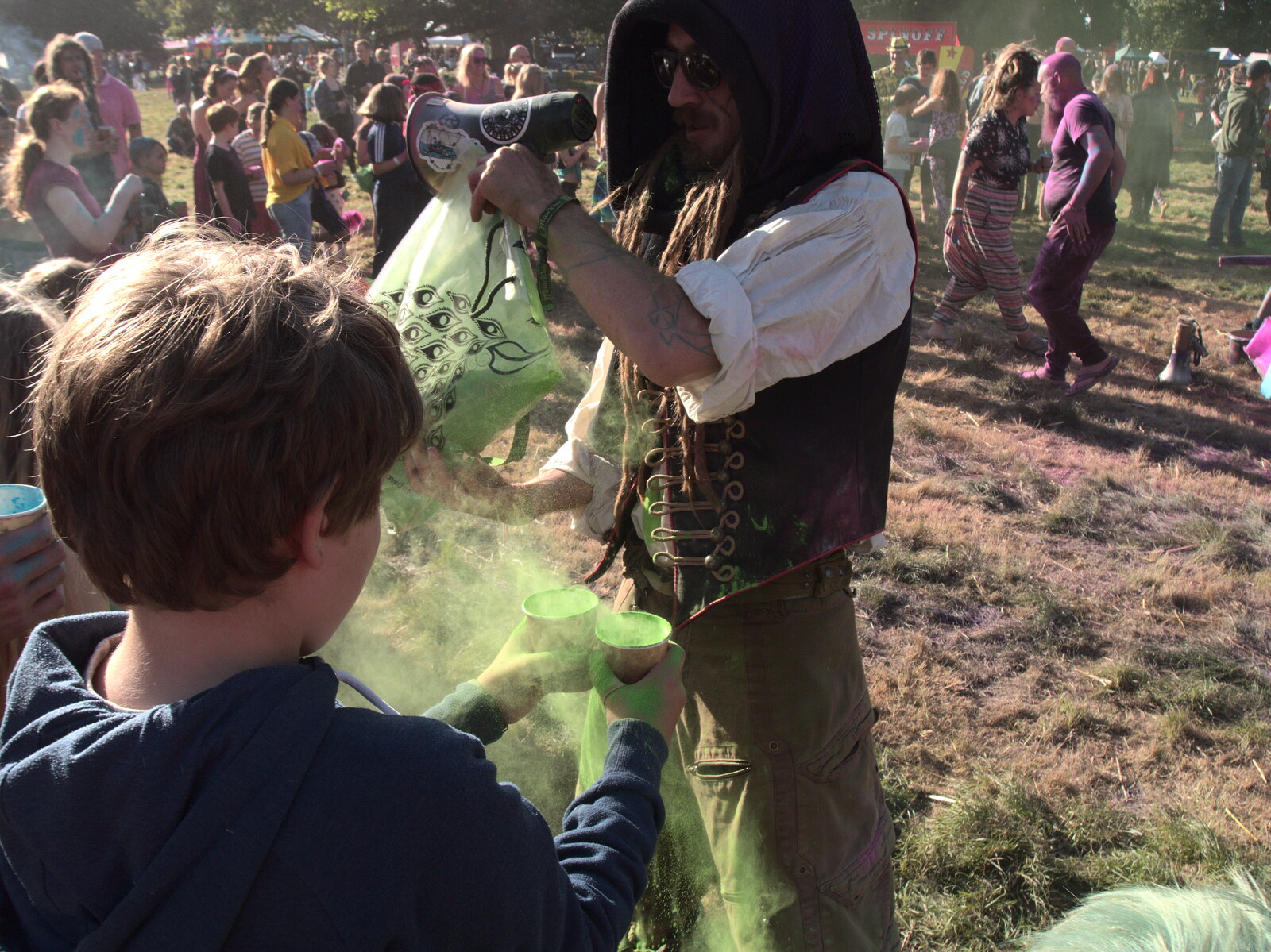 Fred gets some green paint from Maui Waui Festival, Hill Farm, Gressenhall, Norfolk - 28th August 2021