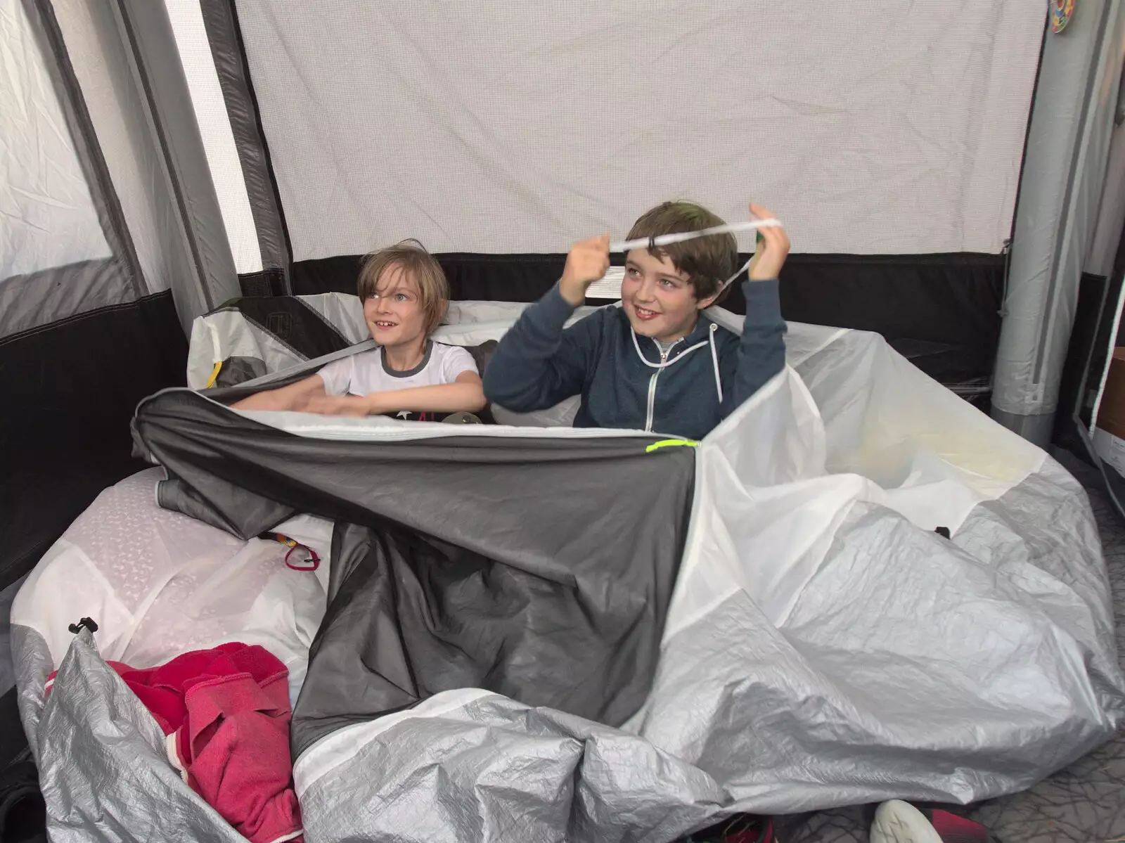 The boys in the awning pod, from Maui Waui Festival, Hill Farm, Gressenhall, Norfolk - 28th August 2021