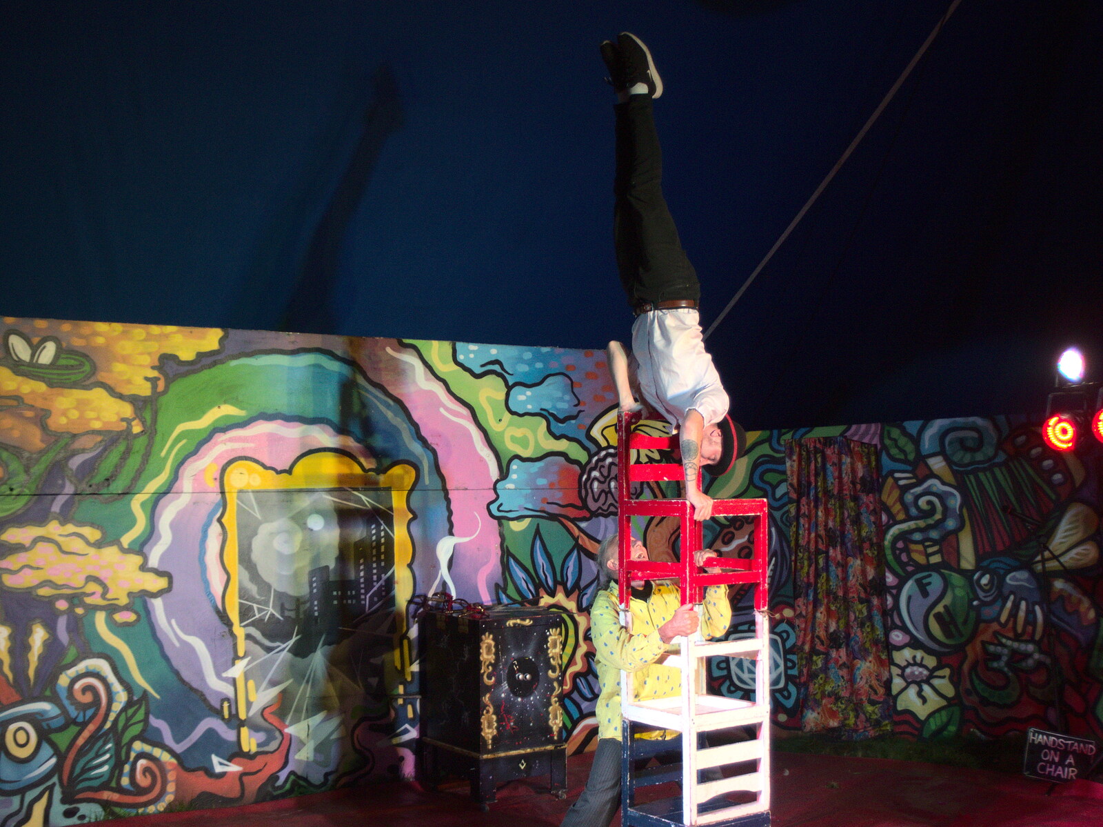 Handstand on stacked chairs from Maui Waui Festival, Hill Farm, Gressenhall, Norfolk - 28th August 2021