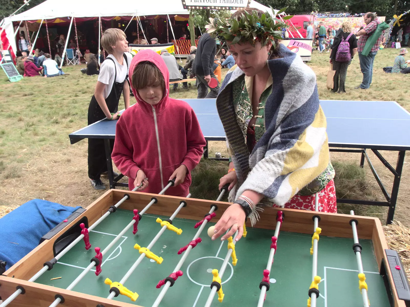 Harry and Isobel do Table Football, from Maui Waui Festival, Hill Farm, Gressenhall, Norfolk - 28th August 2021