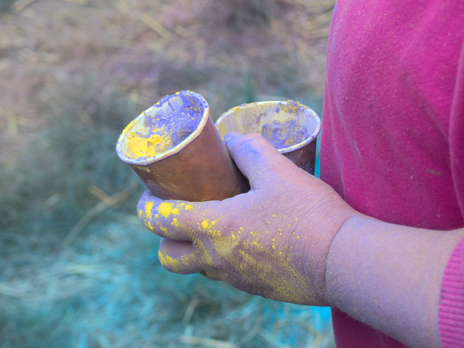Yellow and purple paint in a pot from Maui Waui Festival, Hill Farm, Gressenhall, Norfolk - 28th August 2021