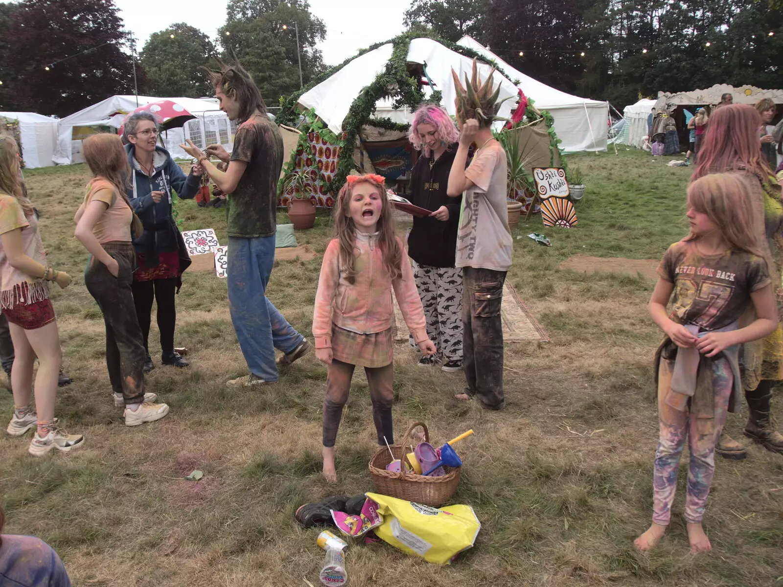 A girl shouts as some spiky punks walk past, from Maui Waui Festival, Hill Farm, Gressenhall, Norfolk - 28th August 2021