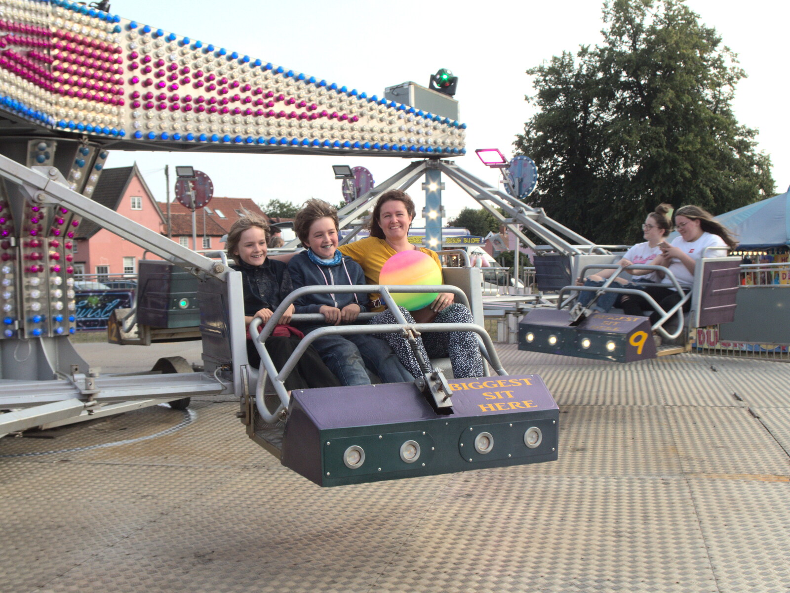 Harry, Fred and Isobel on the spinner from A Few Hours at the Fair, Fair Green, Diss, Norfolk - 5th September 2021