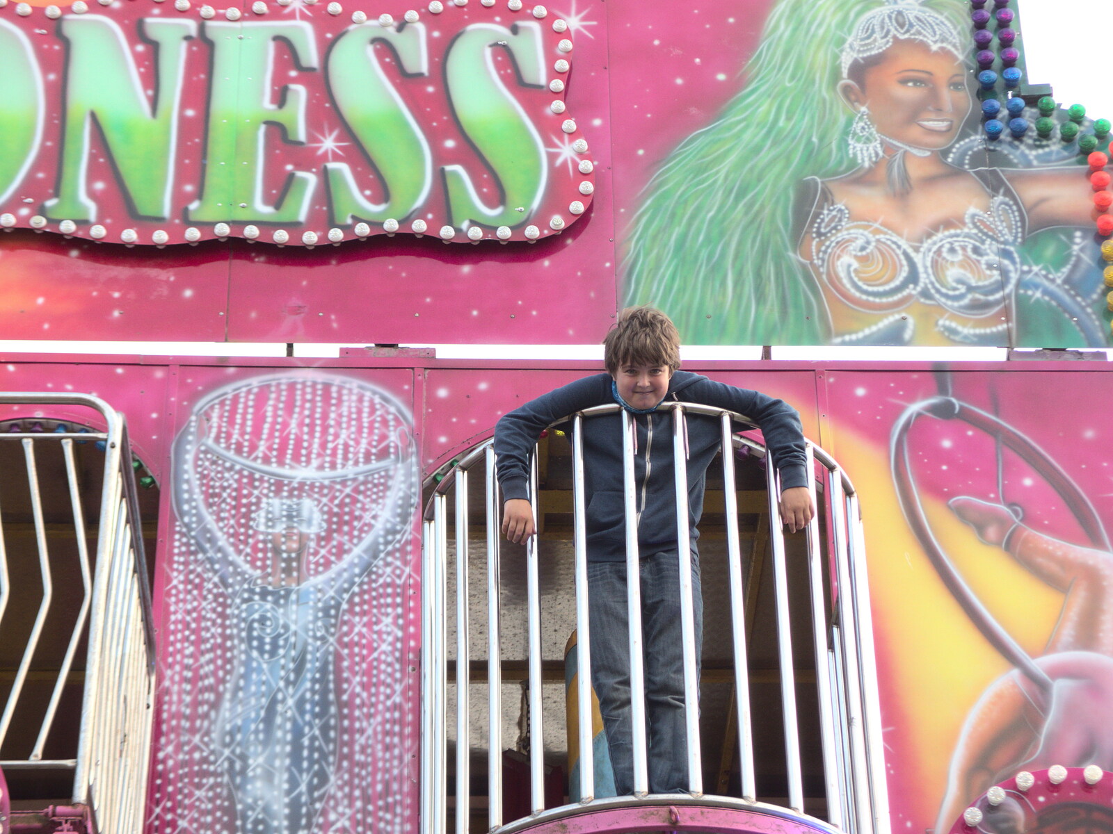 Fred leans on a railing from A Few Hours at the Fair, Fair Green, Diss, Norfolk - 5th September 2021