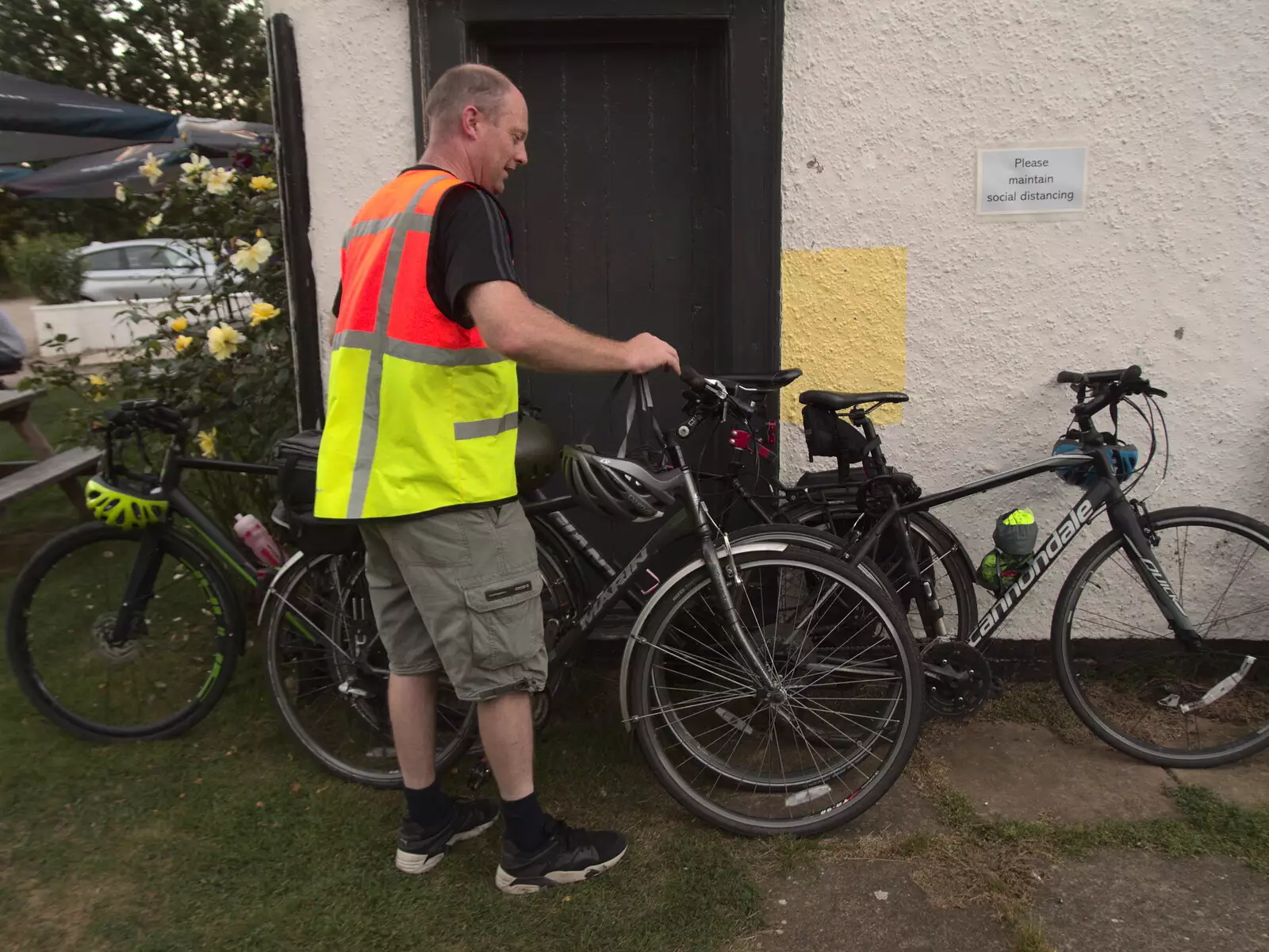 Paul leans his bike on a wall at Thorndon, from The Last Weavers Ever, Market Hill, Diss, Norfolk - 10th September 2021