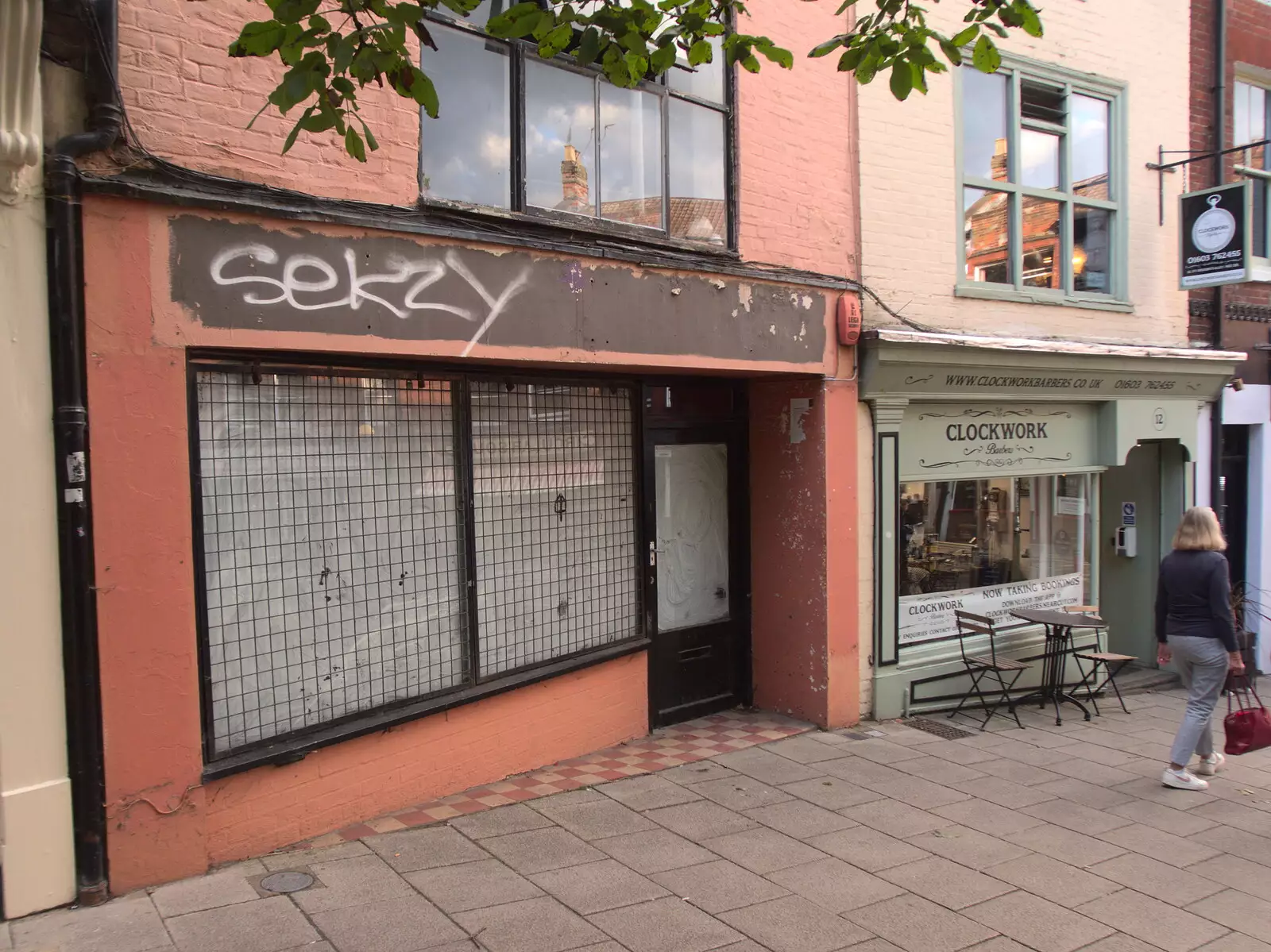 A closed-down shop has been sprayed 'Sekzy', from BSCC at Ampersand and Birthday Lego at Jarrold's, Norwich, Norfolk - 25th September 2021