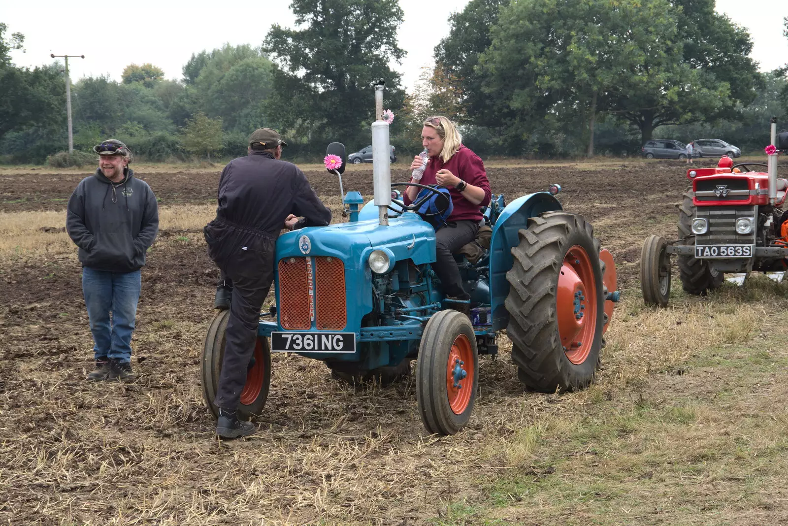 The Fordson Dexta driver stops for a drink, from Vintage Tractor Ploughing, Thrandeston, Suffolk - 26th September 2021