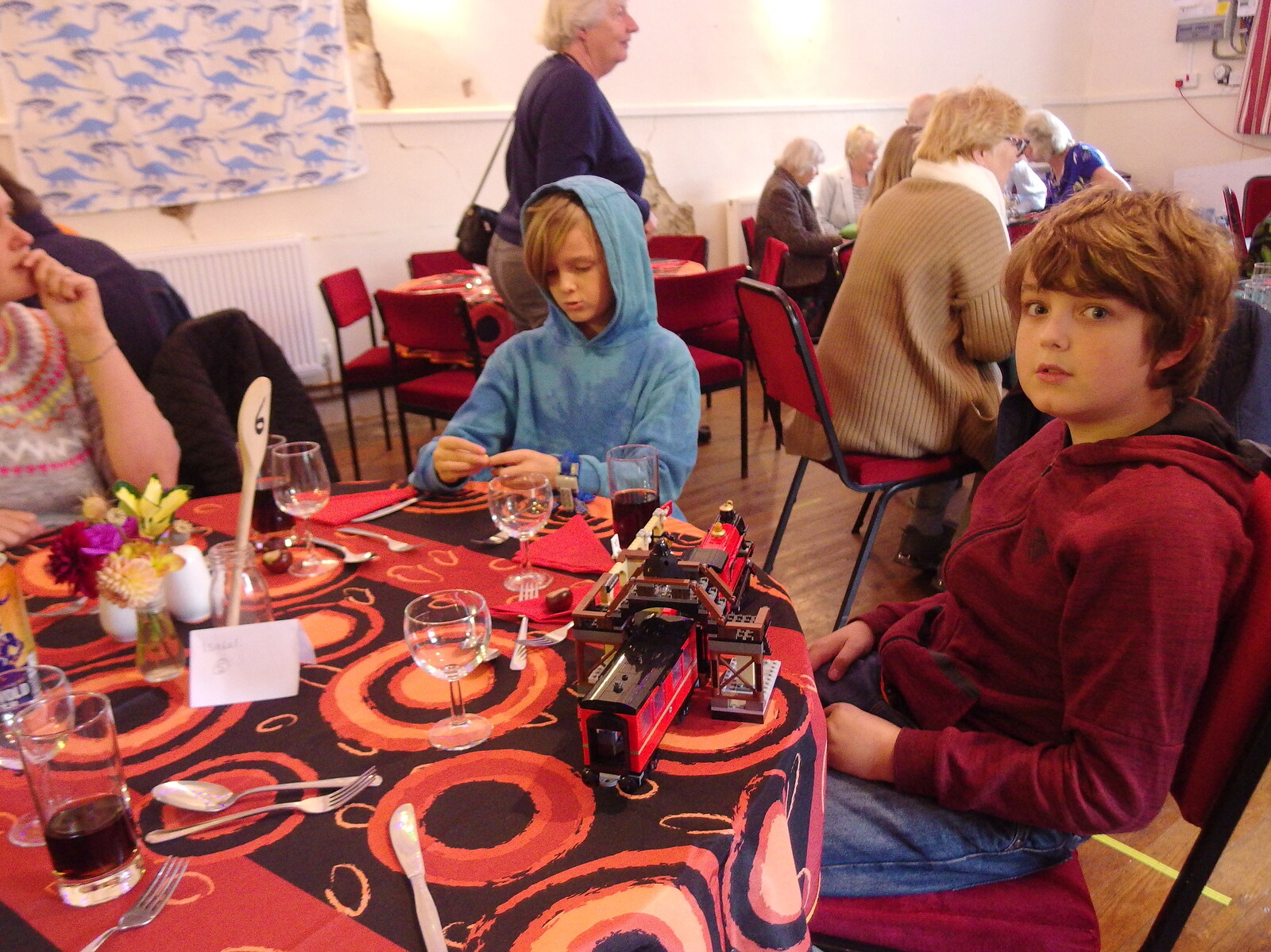 Fred looks up, with his Harry Potter Lego from Sunday Lunch at the Village Hall, Brome, Suffolk - 10th October 2021