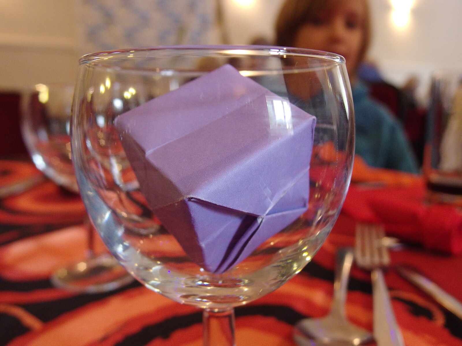One of Fred's Origami boxes in a wine glass from Sunday Lunch at the Village Hall, Brome, Suffolk - 10th October 2021