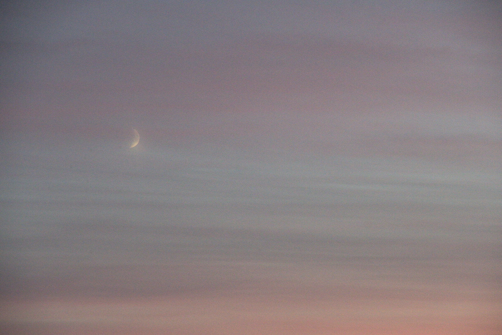 A hazy crescent moon in a pink and blue sky from Sunday Lunch at the Village Hall, Brome, Suffolk - 10th October 2021