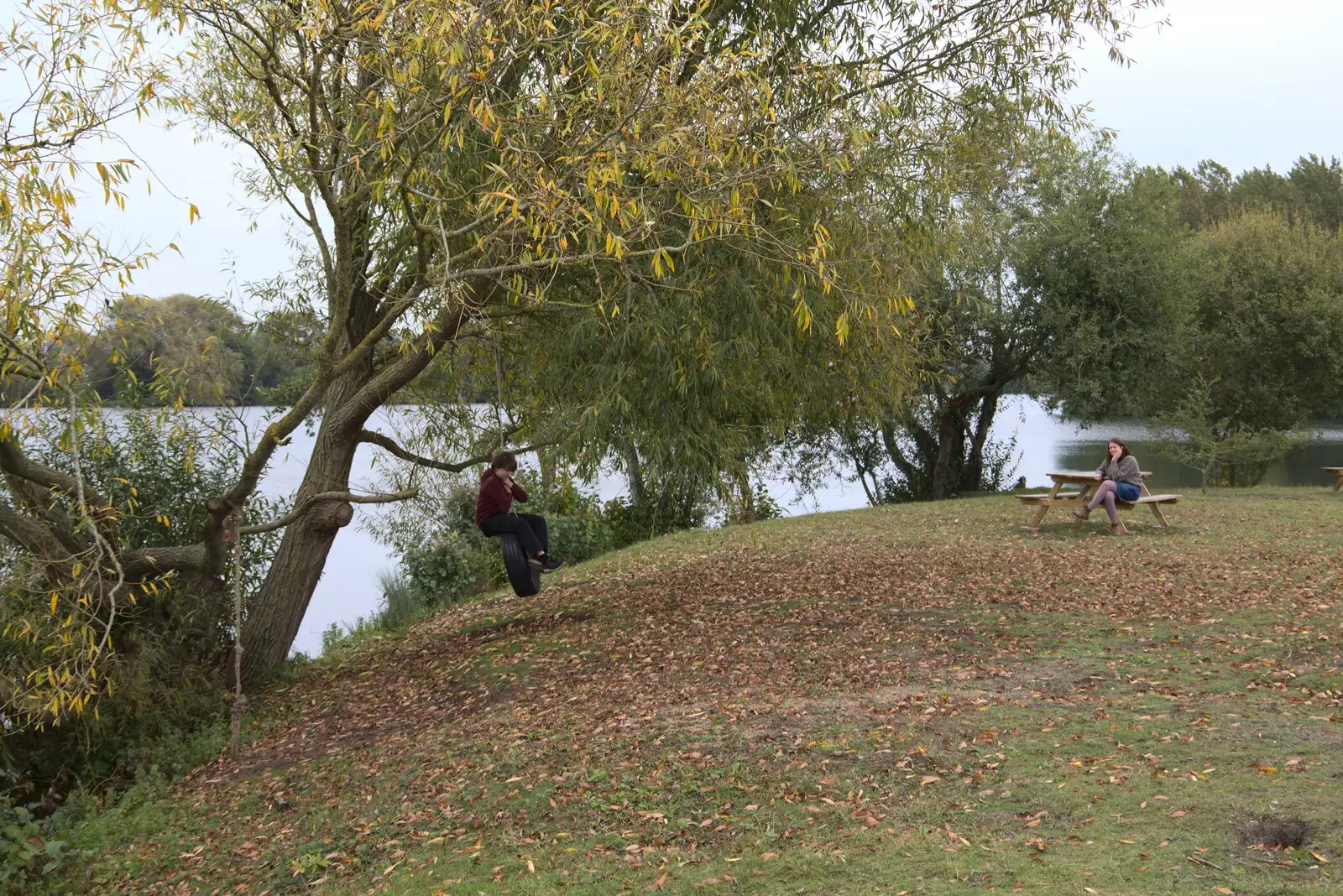 Fred's in a tree, as Isobel looks on, from A Trip to Weybread Sailing Club, Harleston, Norfolk - 17th October 2021