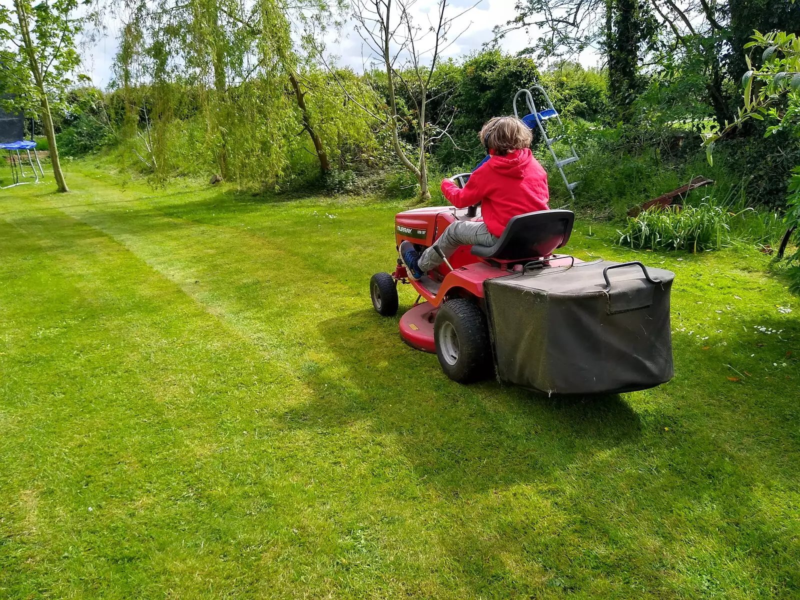 Fred has a go at mowing the lawn, from Cameraphone Randomness and The Crystal Maze, London - 21st October 2021