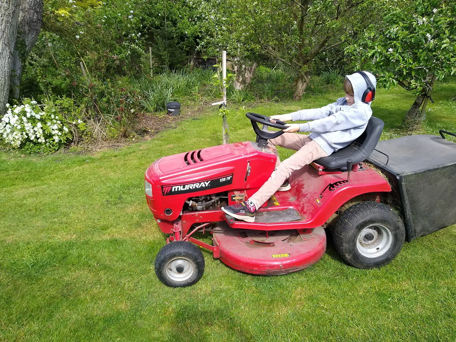 Harry tries to mow the lawn, but can't reach, from Cameraphone Randomness and The Crystal Maze, London - 21st October 2021