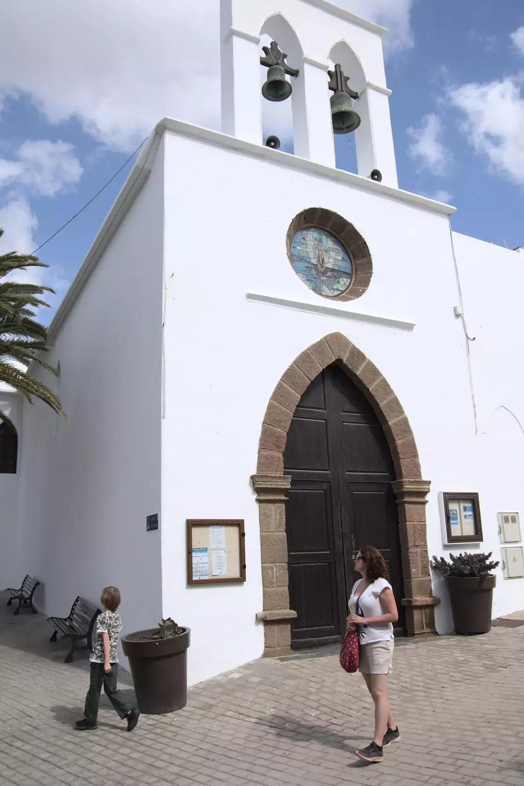 Harry and Isobel in front of an old church, from Five Days in Lanzarote, Canary Islands, Spain - 24th October 2021