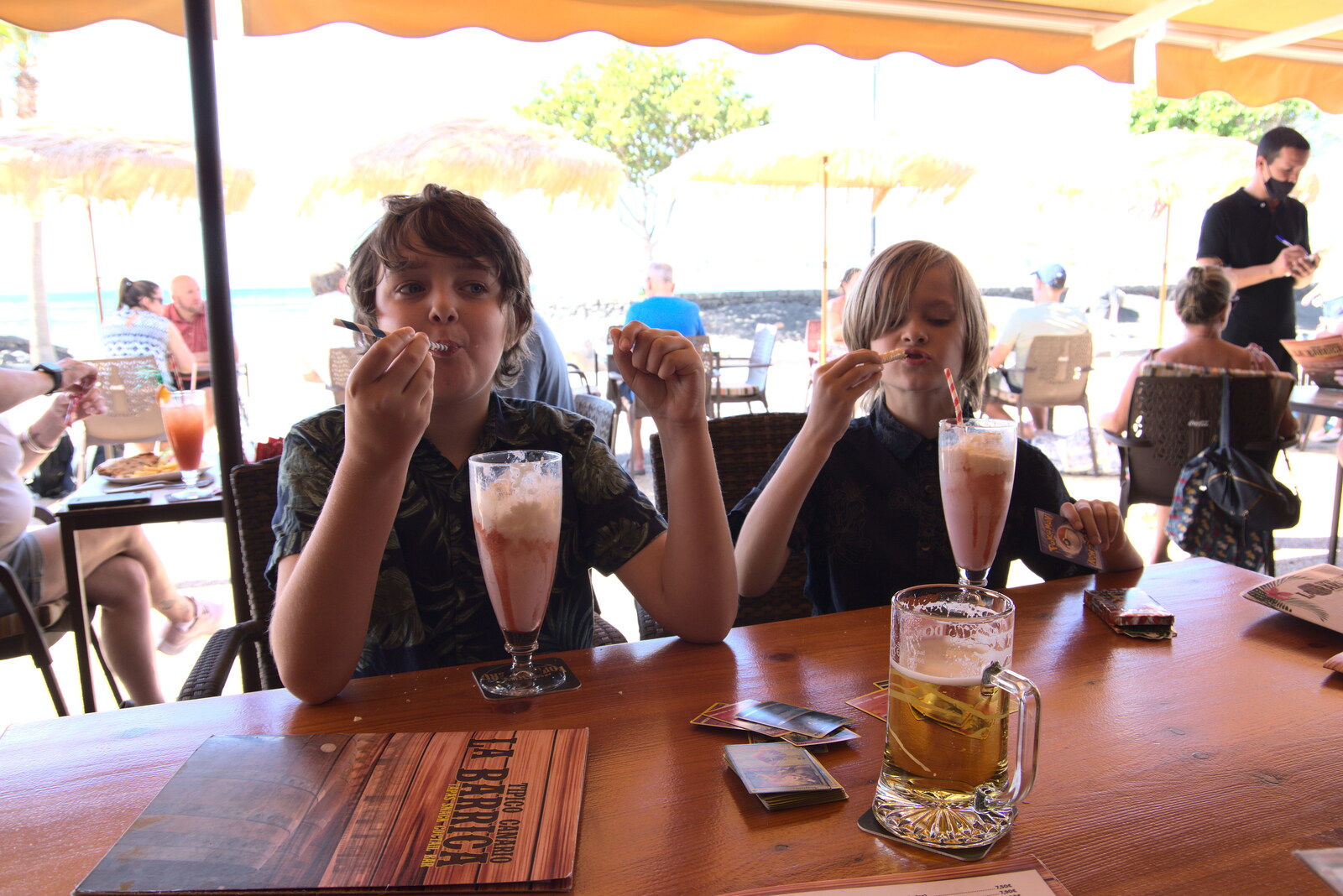 The boys get strawberry milkshakes from Five Days in Lanzarote, Canary Islands, Spain - 24th October 2021