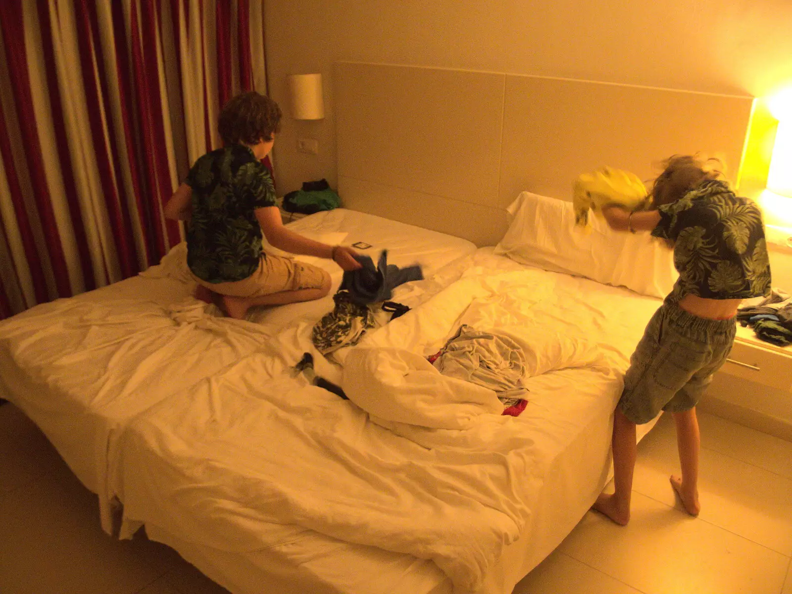 The boys bounce around in their room, from The Volcanoes of Lanzarote, Canary Islands, Spain - 27th October 2021