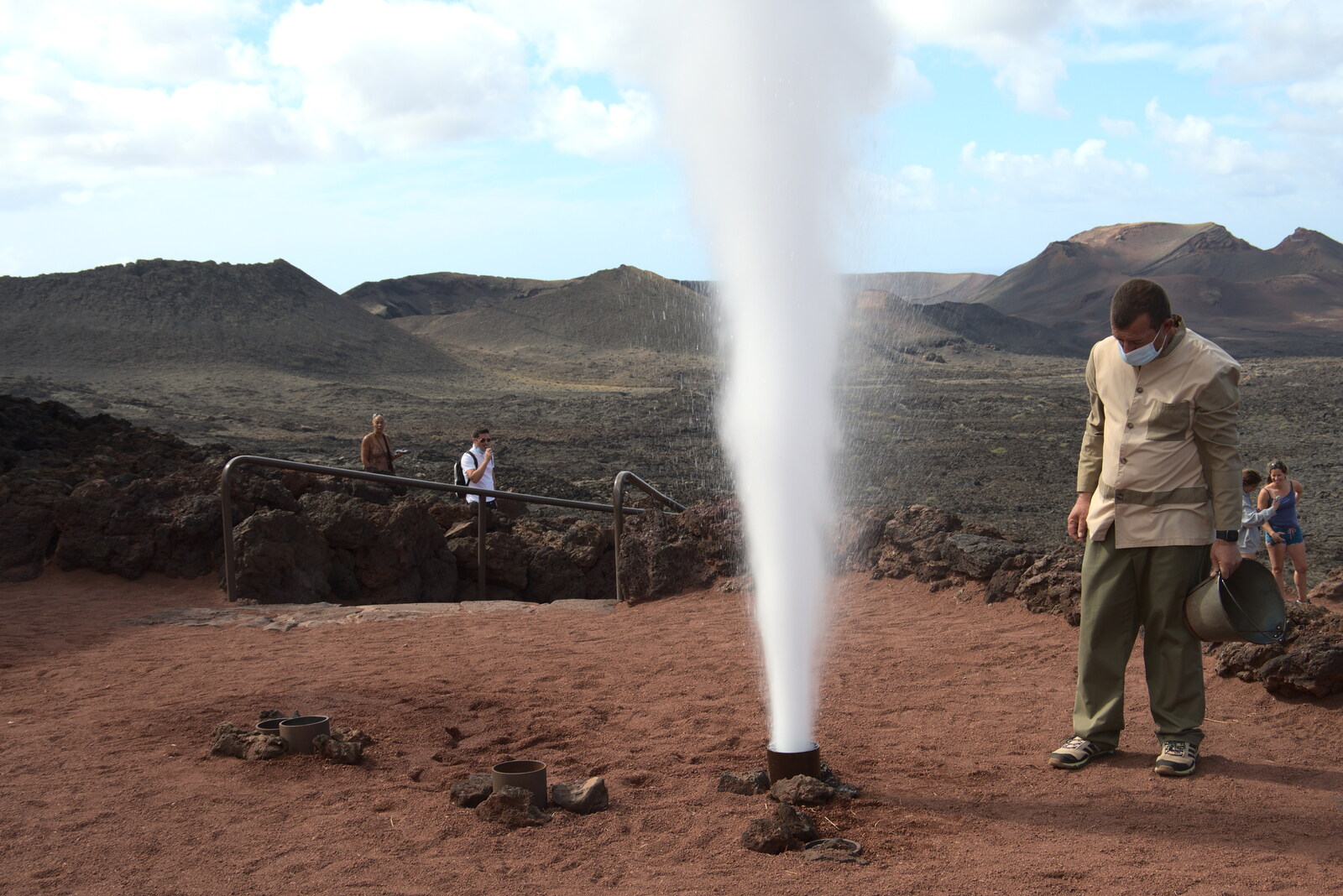 The artificial geyser goes off violently from The Volcanoes of Lanzarote, Canary Islands, Spain - 27th October 2021