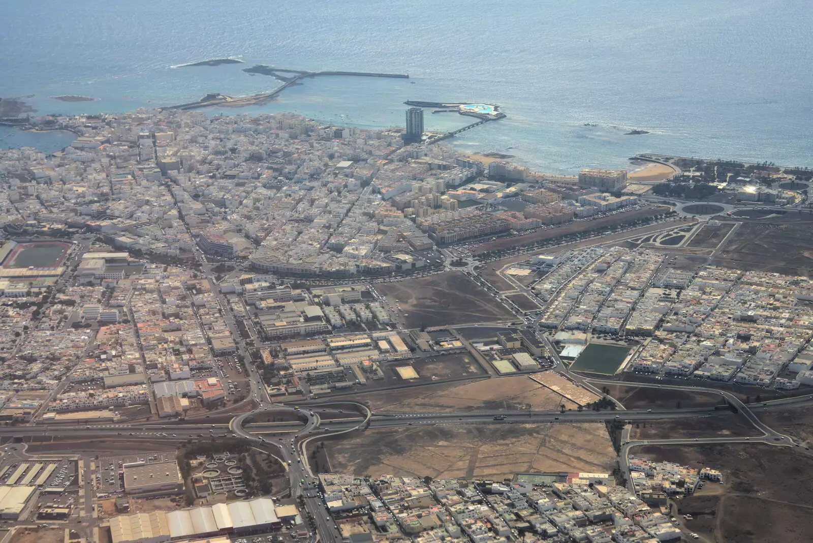 A view of the city of Arrecife, from The Volcanoes of Lanzarote, Canary Islands, Spain - 27th October 2021