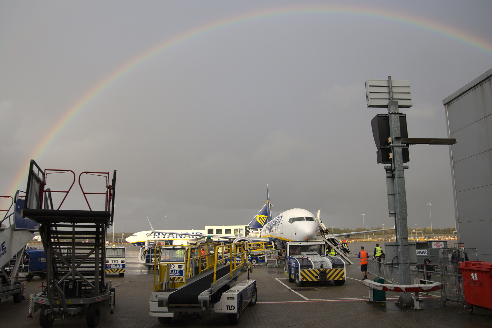 An optimistic rainbow over the gloom of Ryanair from The Volcanoes of Lanzarote, Canary Islands, Spain - 27th October 2021